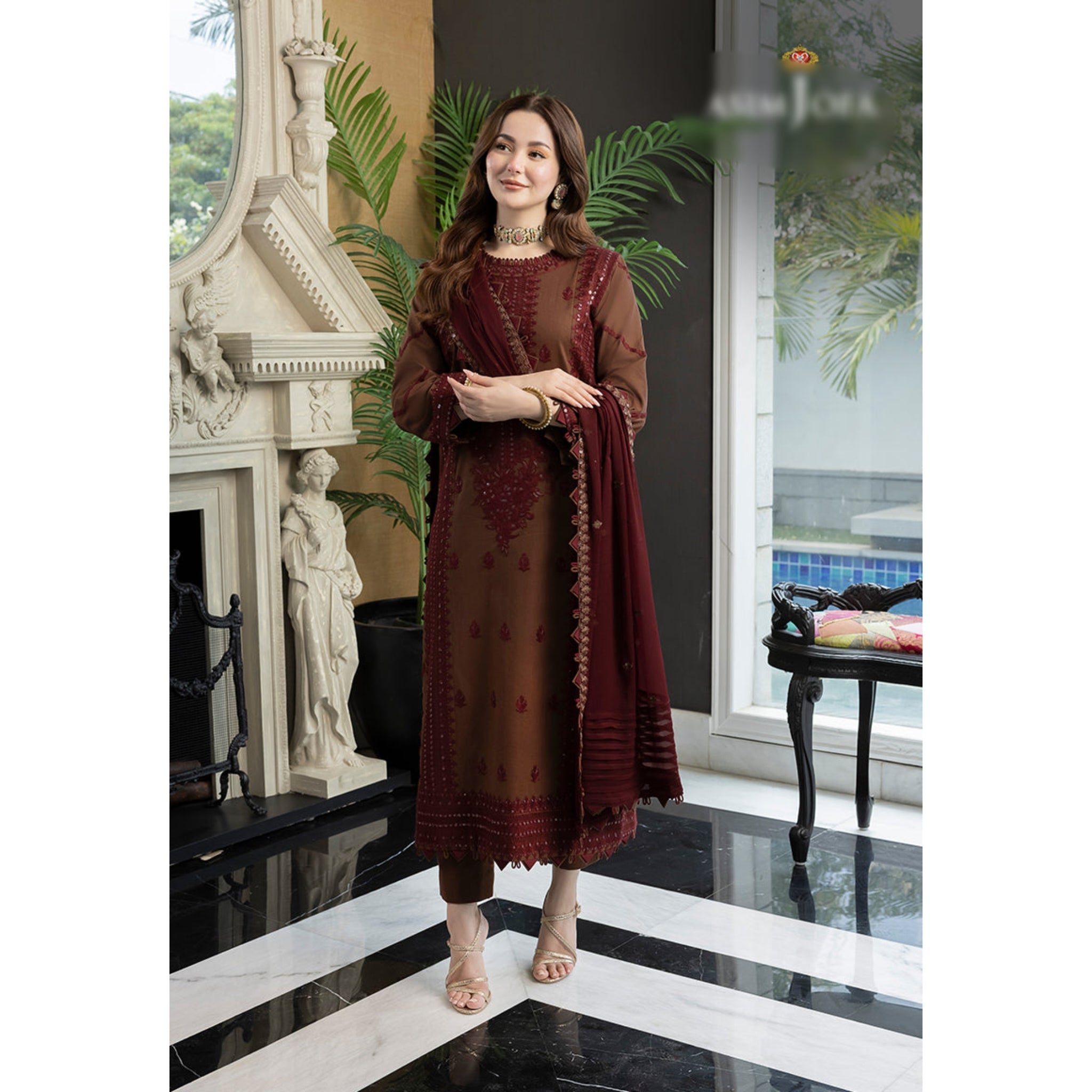 NA-39 : 3 PIECE UN-STITCHED EMBROIDERED PREMIUM LINEN DRESS