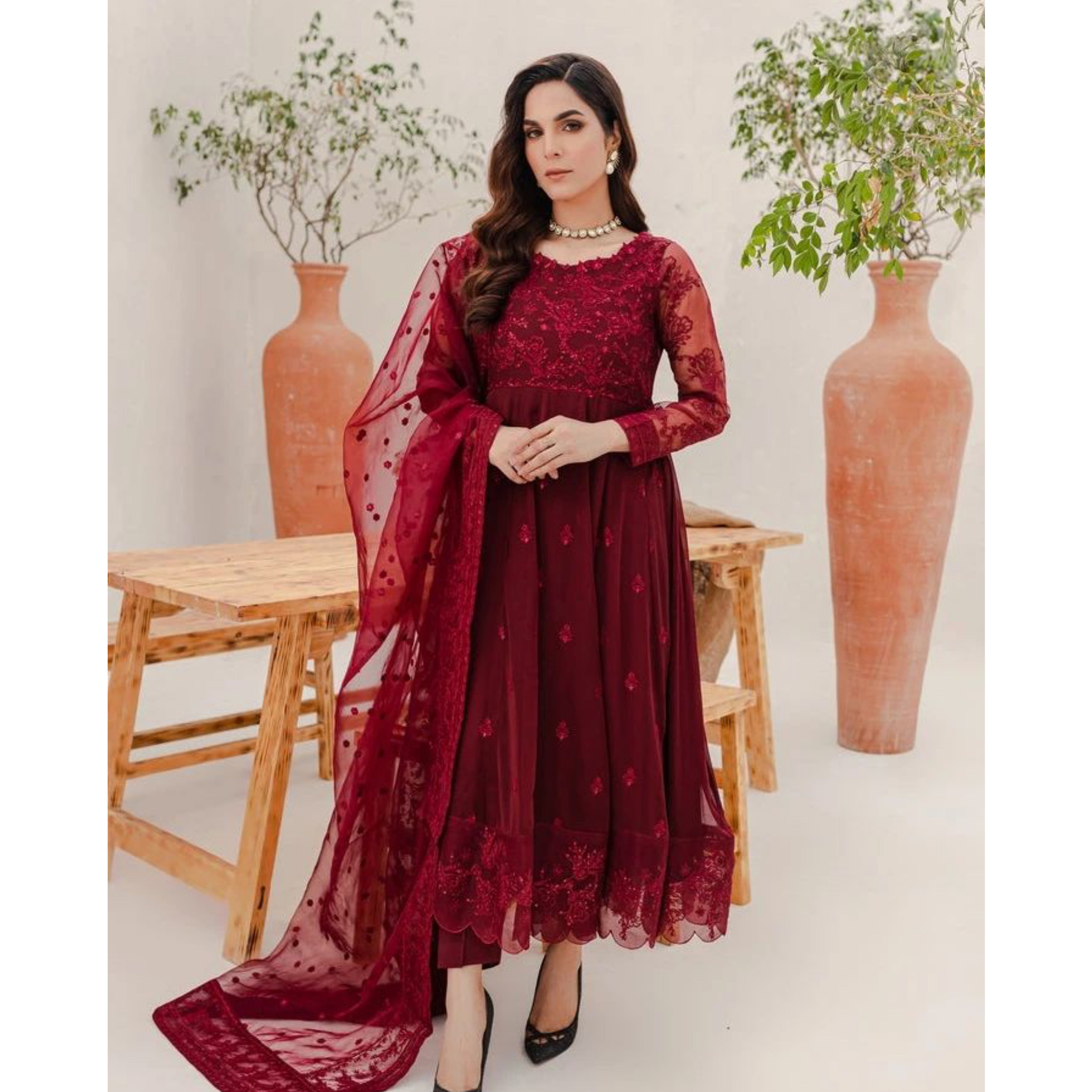 FR-05 : 4-PIECE UN-STITCHED EMBROIDERED PARTY WEAR FROCK