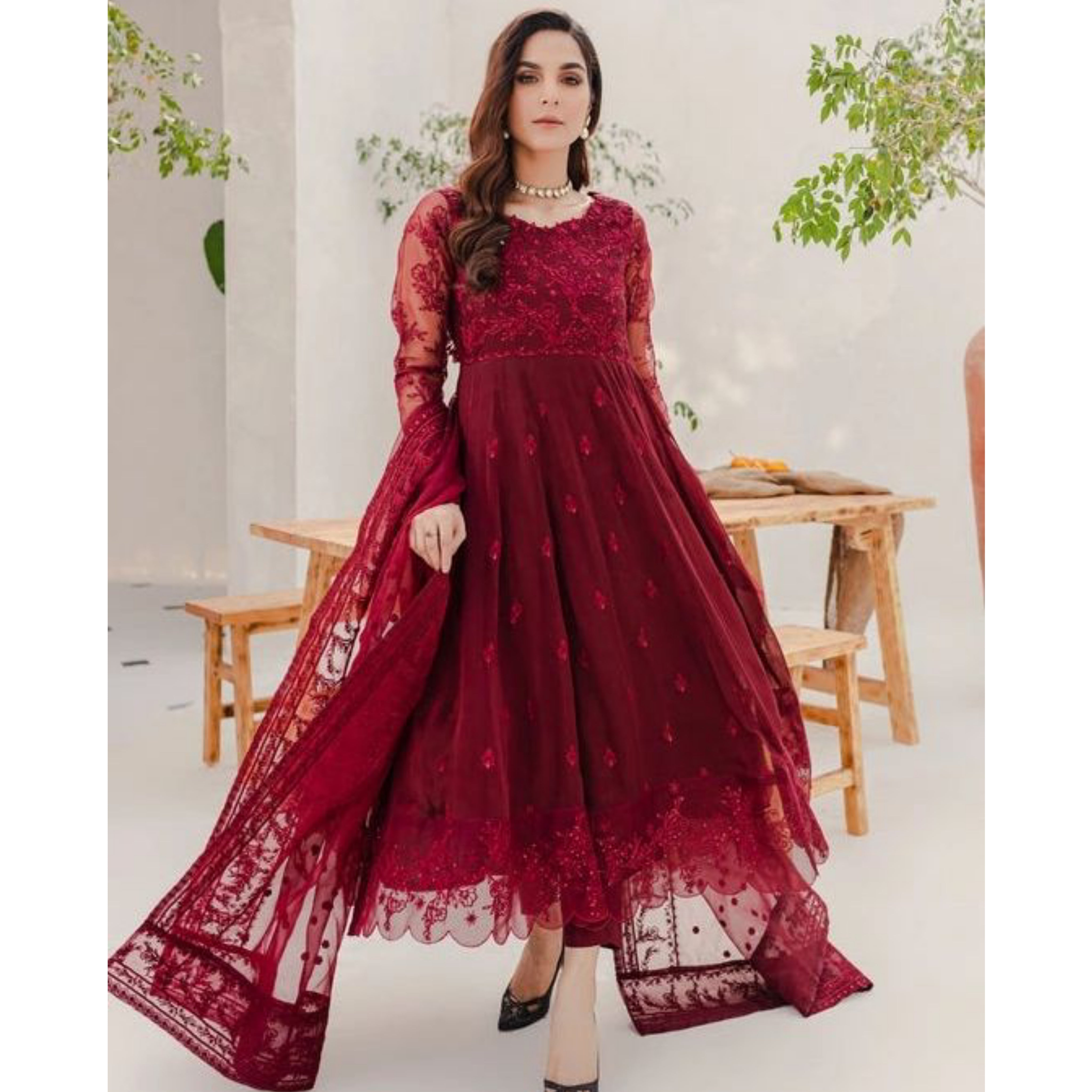 FR-05 : 4-PIECE UN-STITCHED EMBROIDERED PARTY WEAR FROCK