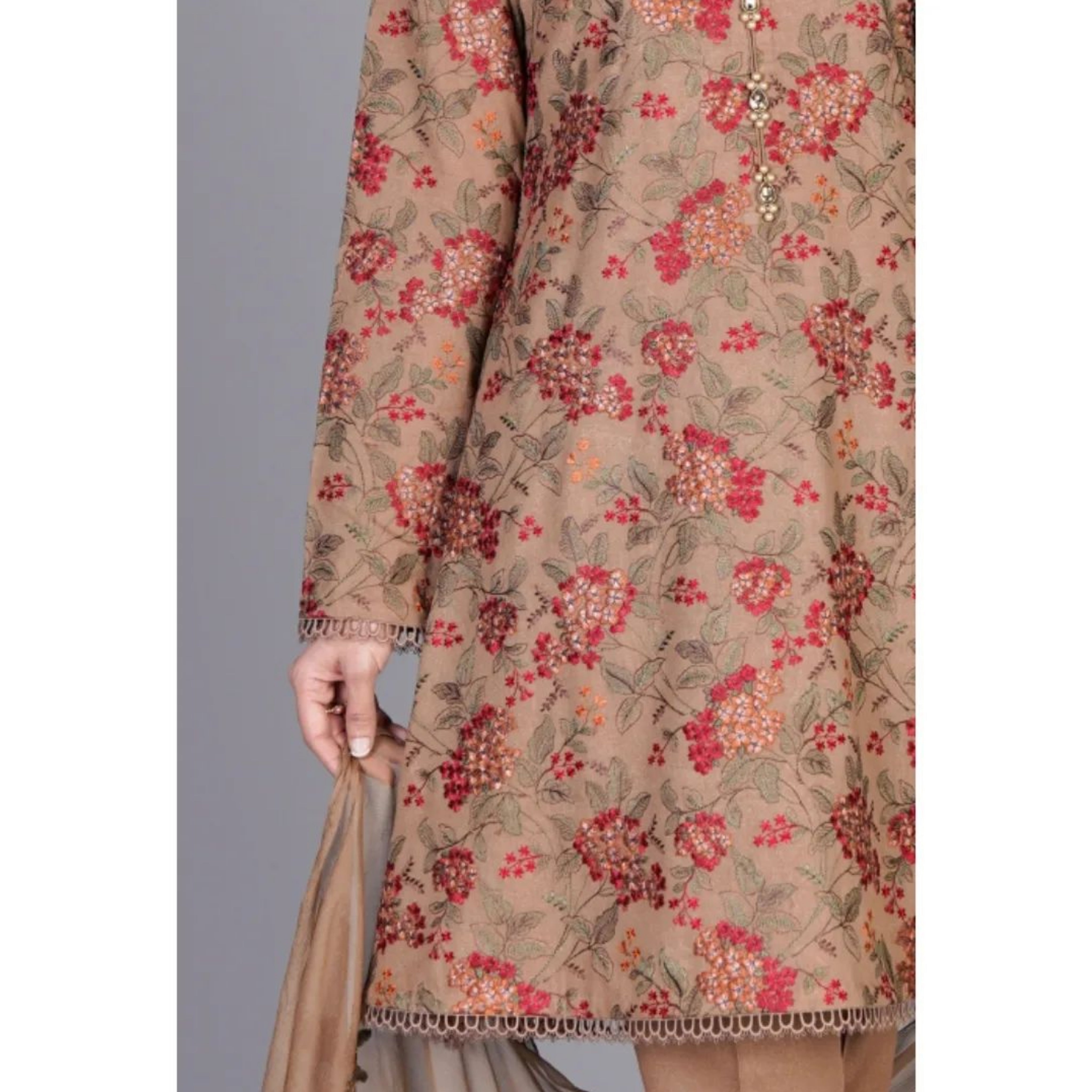 BR-03 : 3 PIECE UN-STITCHED EMBROIDERED PREMIUM LINEN DRESS