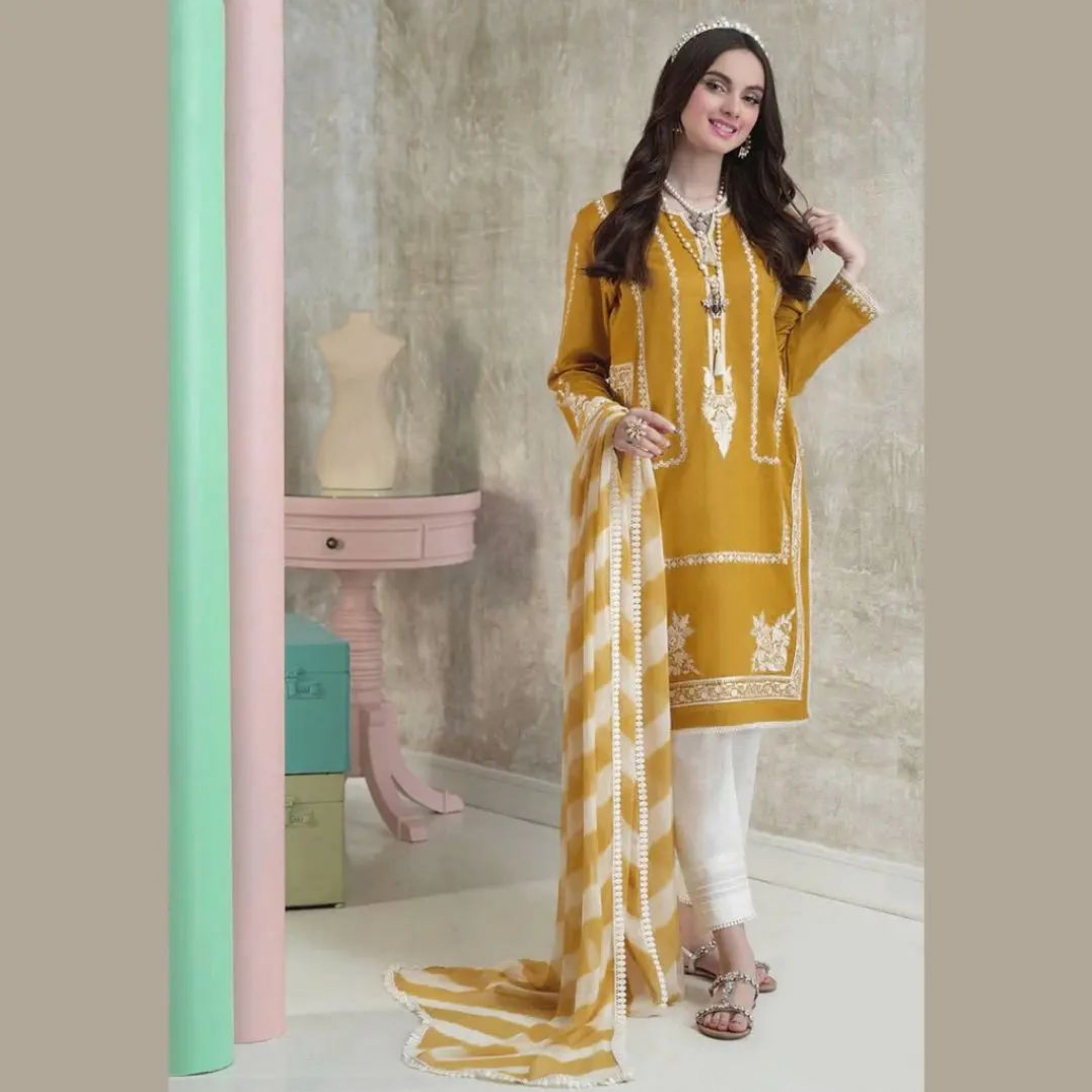 AJ-01 : 3-PIECE UN-STITCHED EMBROIDERED PREMIUM LAWN DRESS