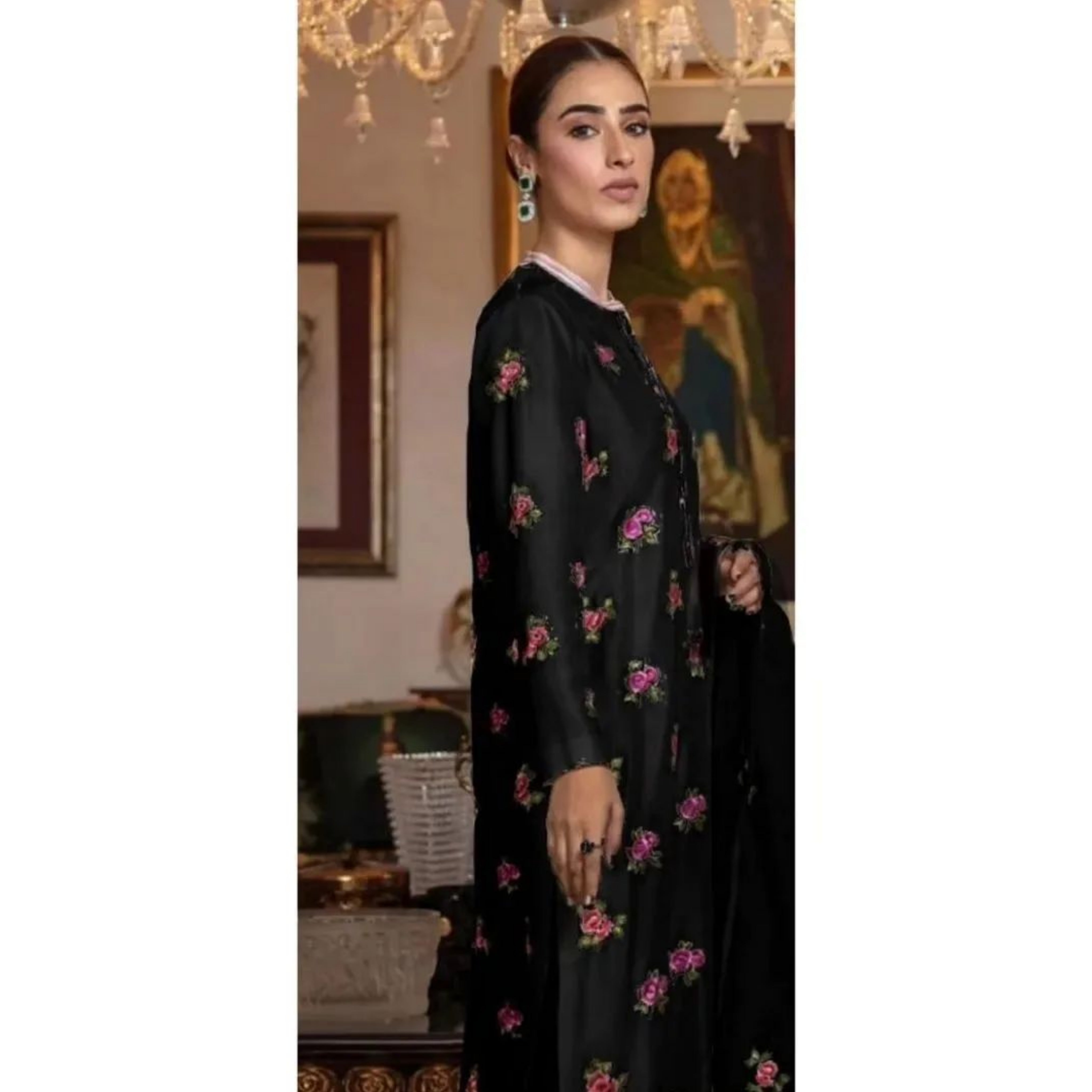 HW-04 : 3-PIECE UN-STITCHED EMBROIDERED RAW SILK DRESS