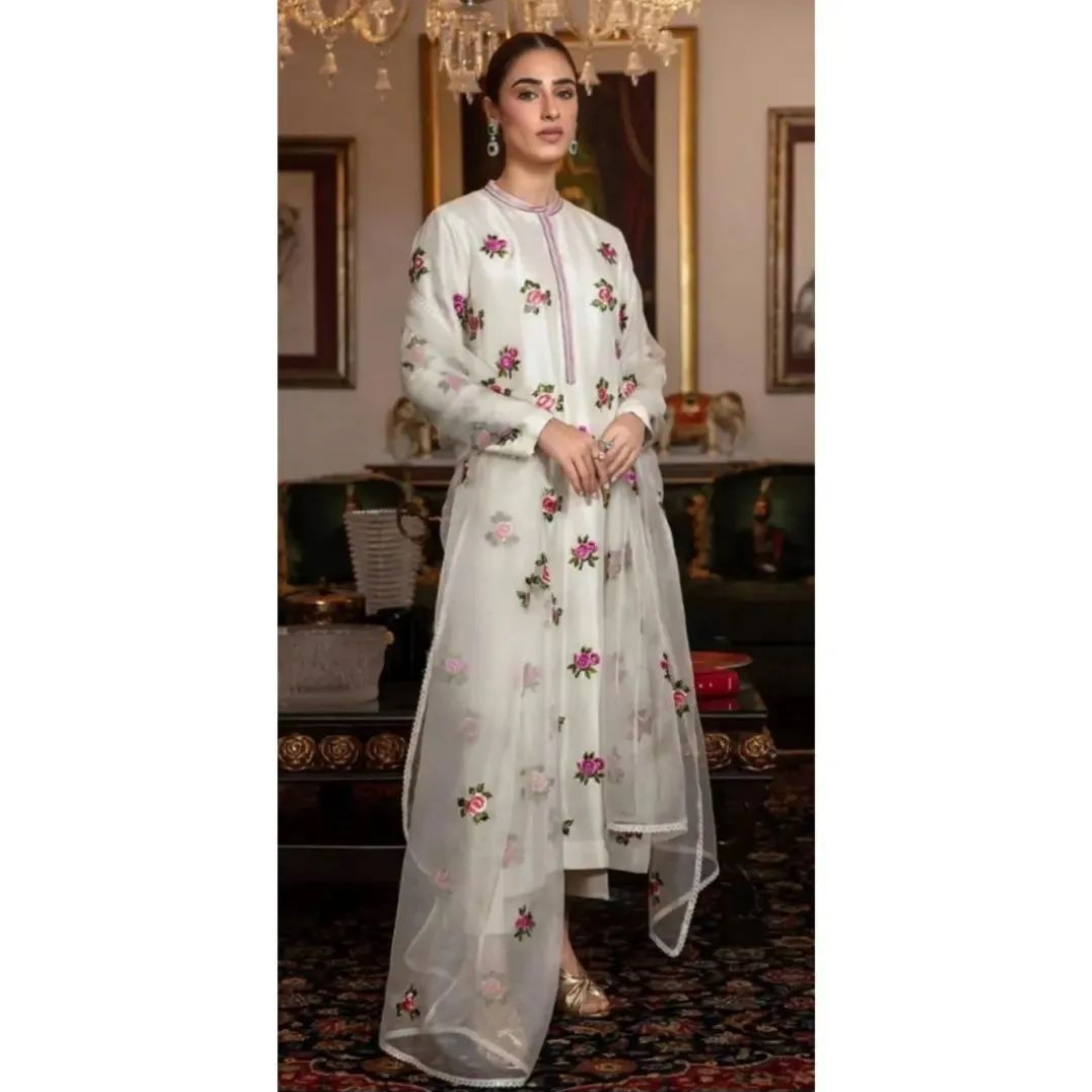 HW-03 : 3-PIECE UN-STITCHED EMBROIDERED RAW SILK DRESS