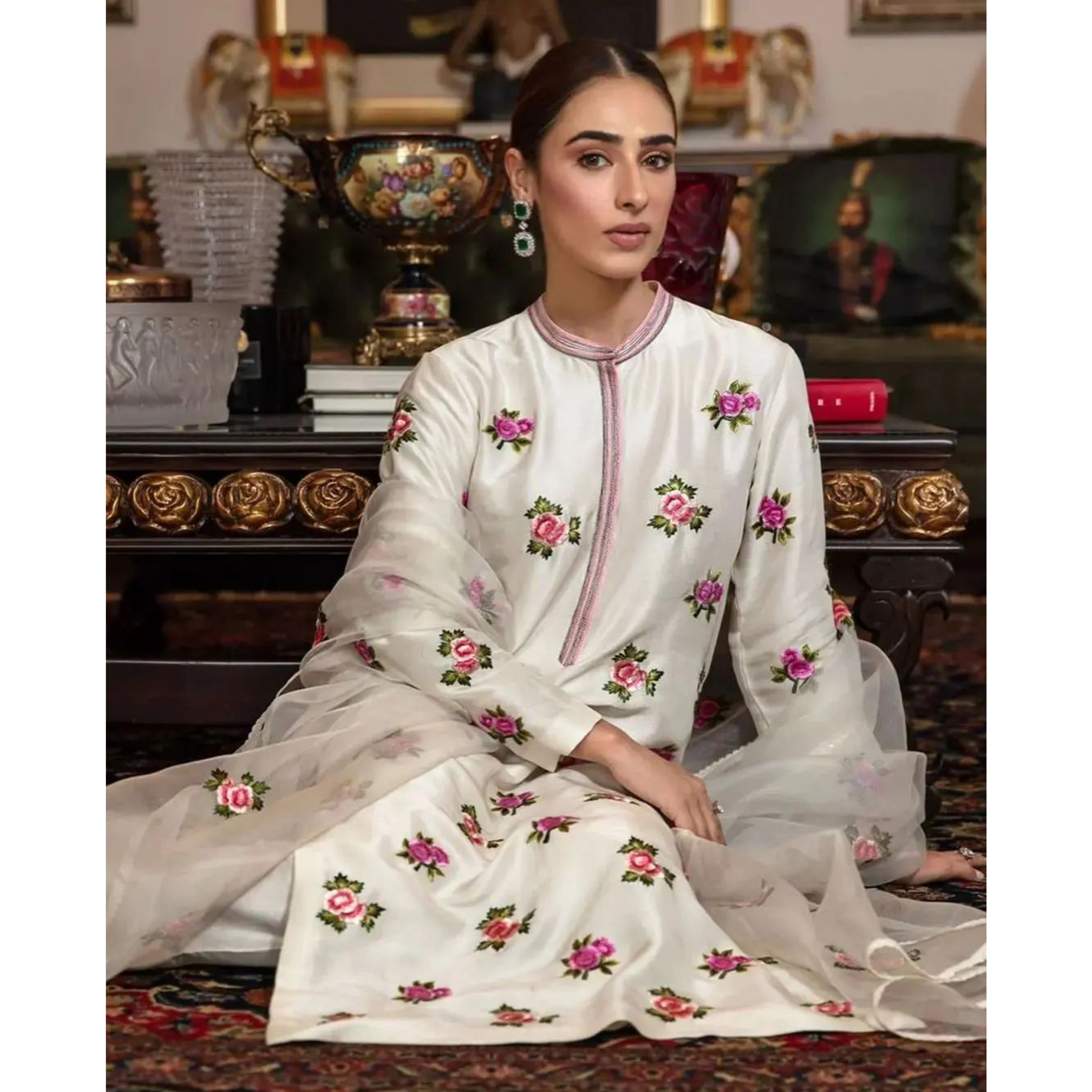 HW-03 : 3-PIECE UN-STITCHED EMBROIDERED RAW SILK DRESS