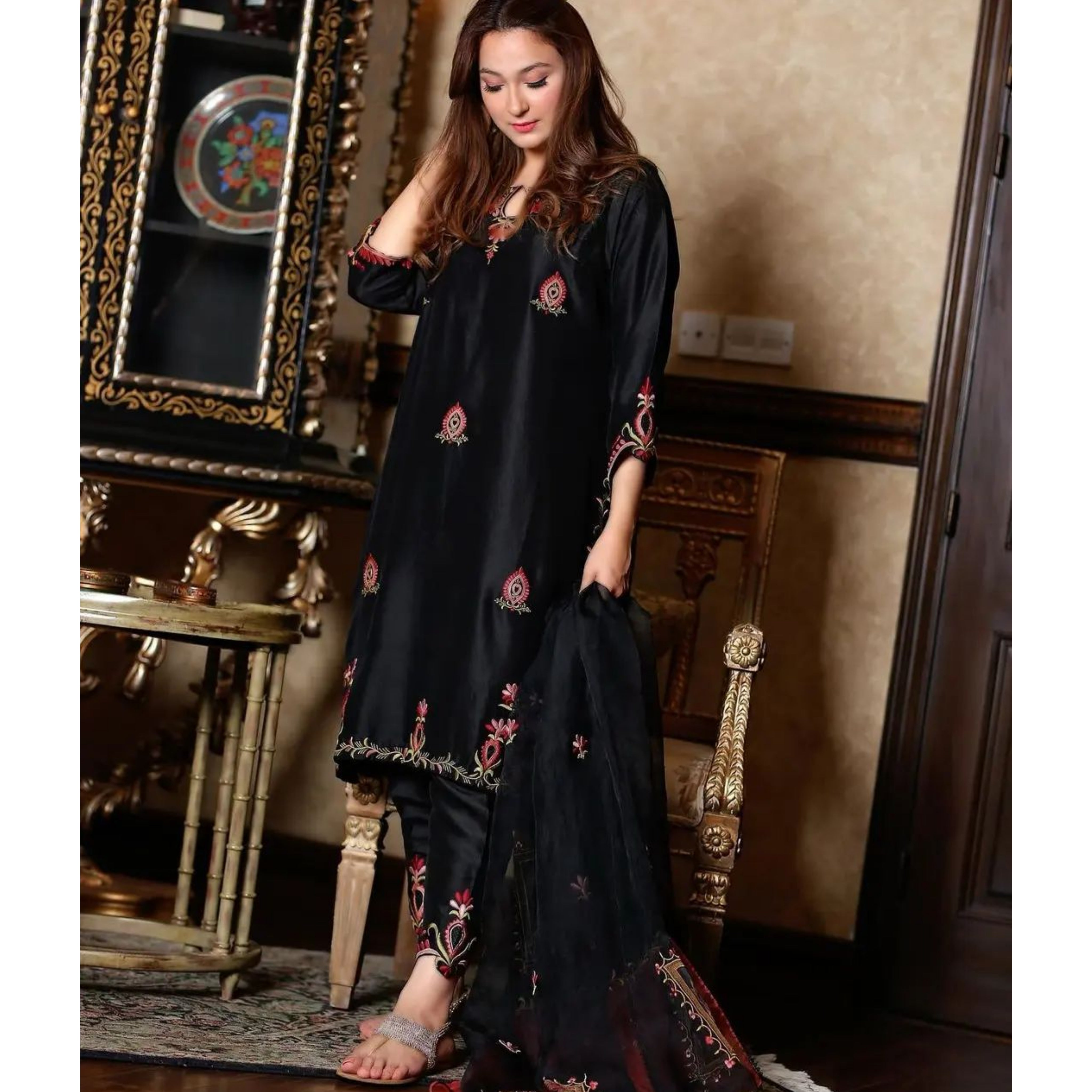 AQ-01 : 3-PIECE UN-STITCHED EMBROIDERED KATTAN SILK DRESS