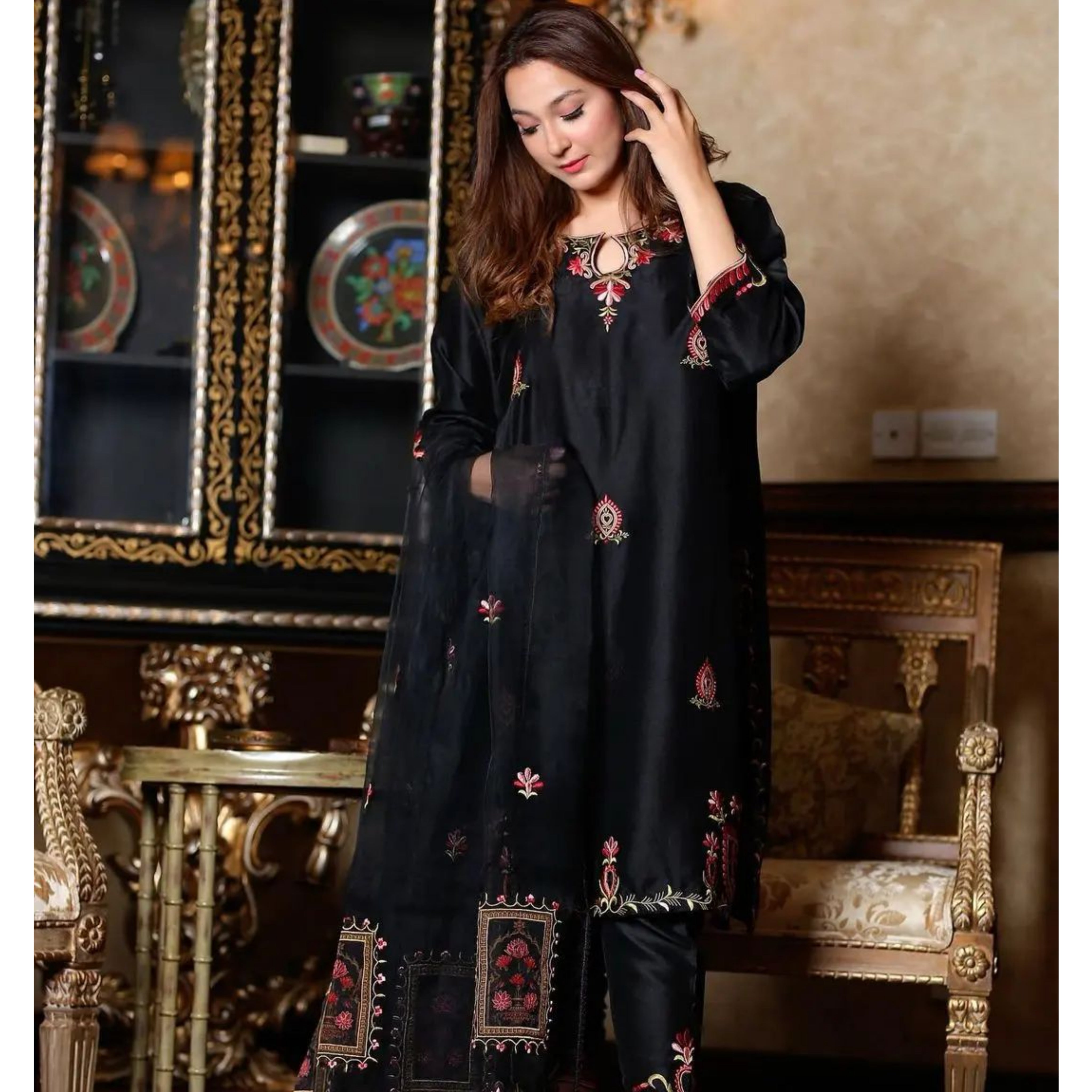 AQ-01 : 3-PIECE UN-STITCHED EMBROIDERED KATTAN SILK DRESS