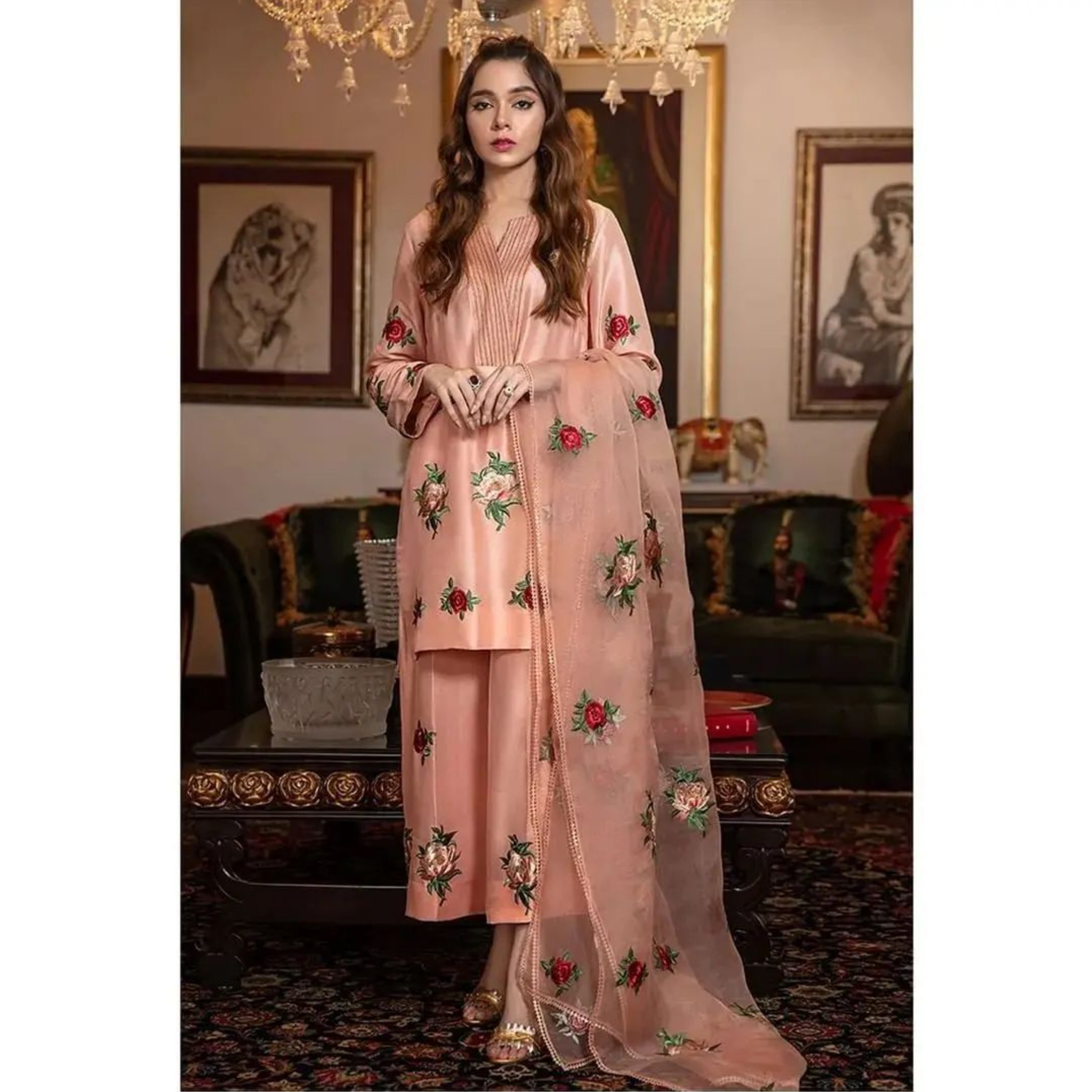 HW-0 : 3-PIECE UN-STITCHED EMBROIDERED RAW SILK DRESS