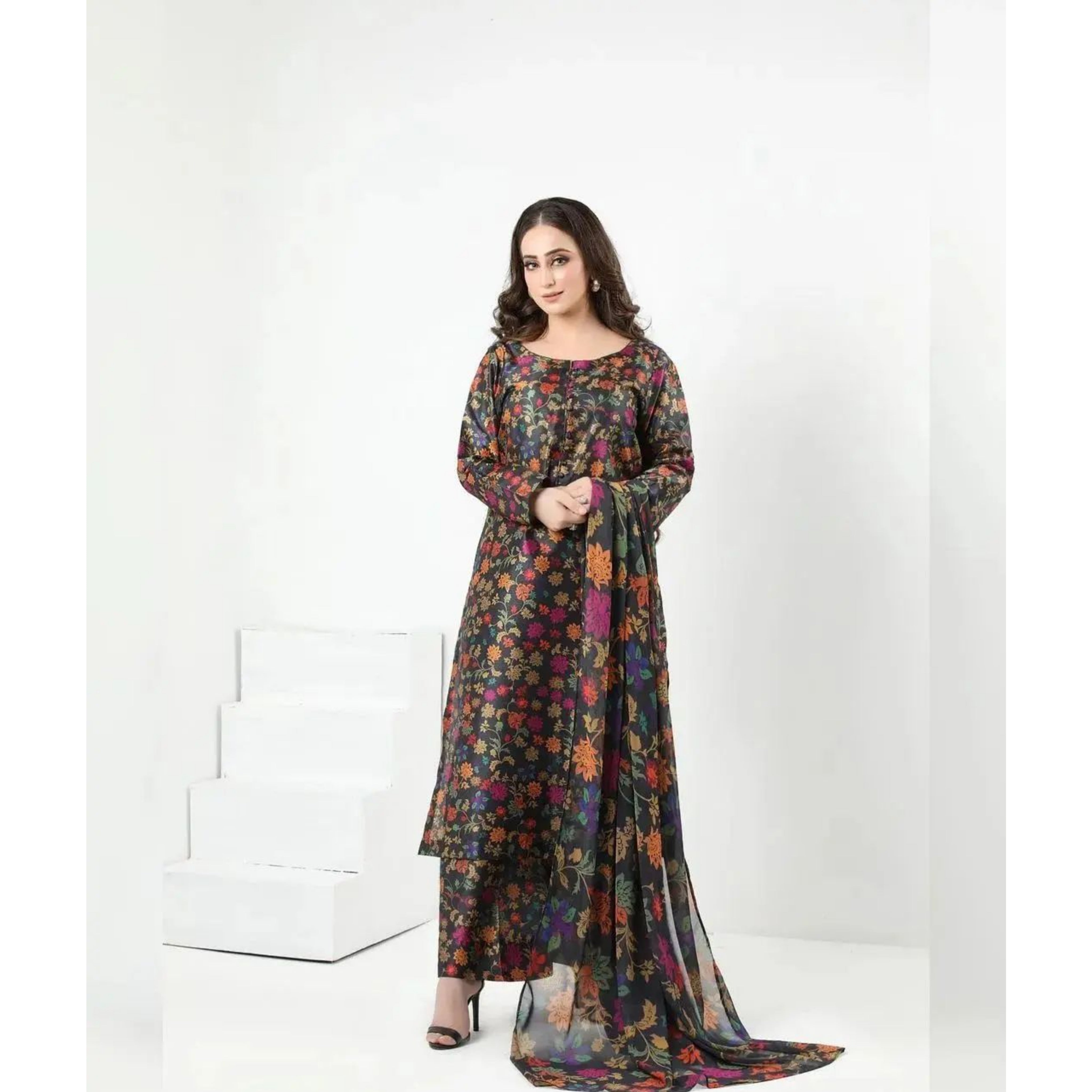 PZ-02 : 3-PIECE UN-STITCHED DIGITAL PRINTED SATTEN SILK DRESS