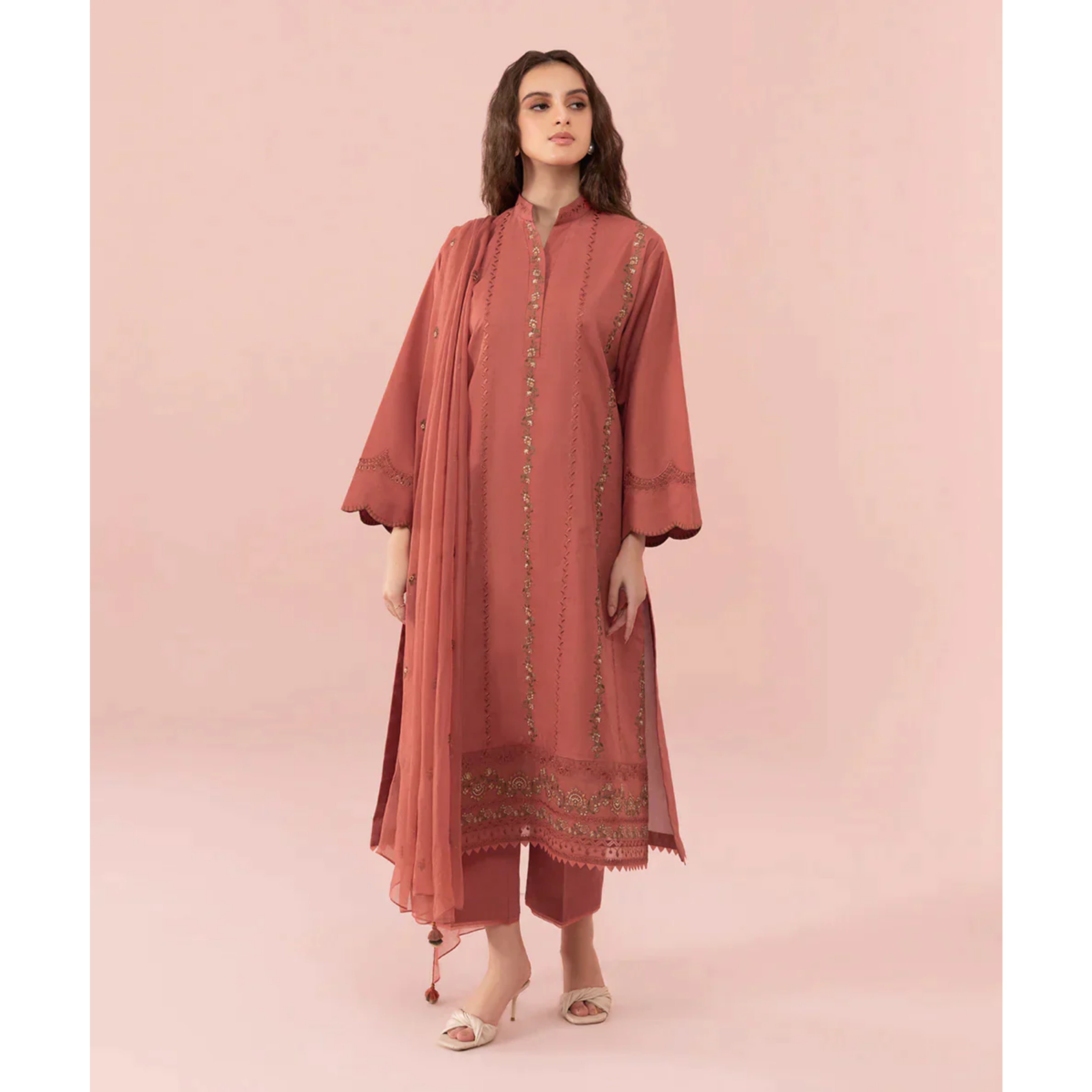 SC-01 : 3 PIECE UN-STITCHED EMBROIDERED PREMIUM LINEN DRESS