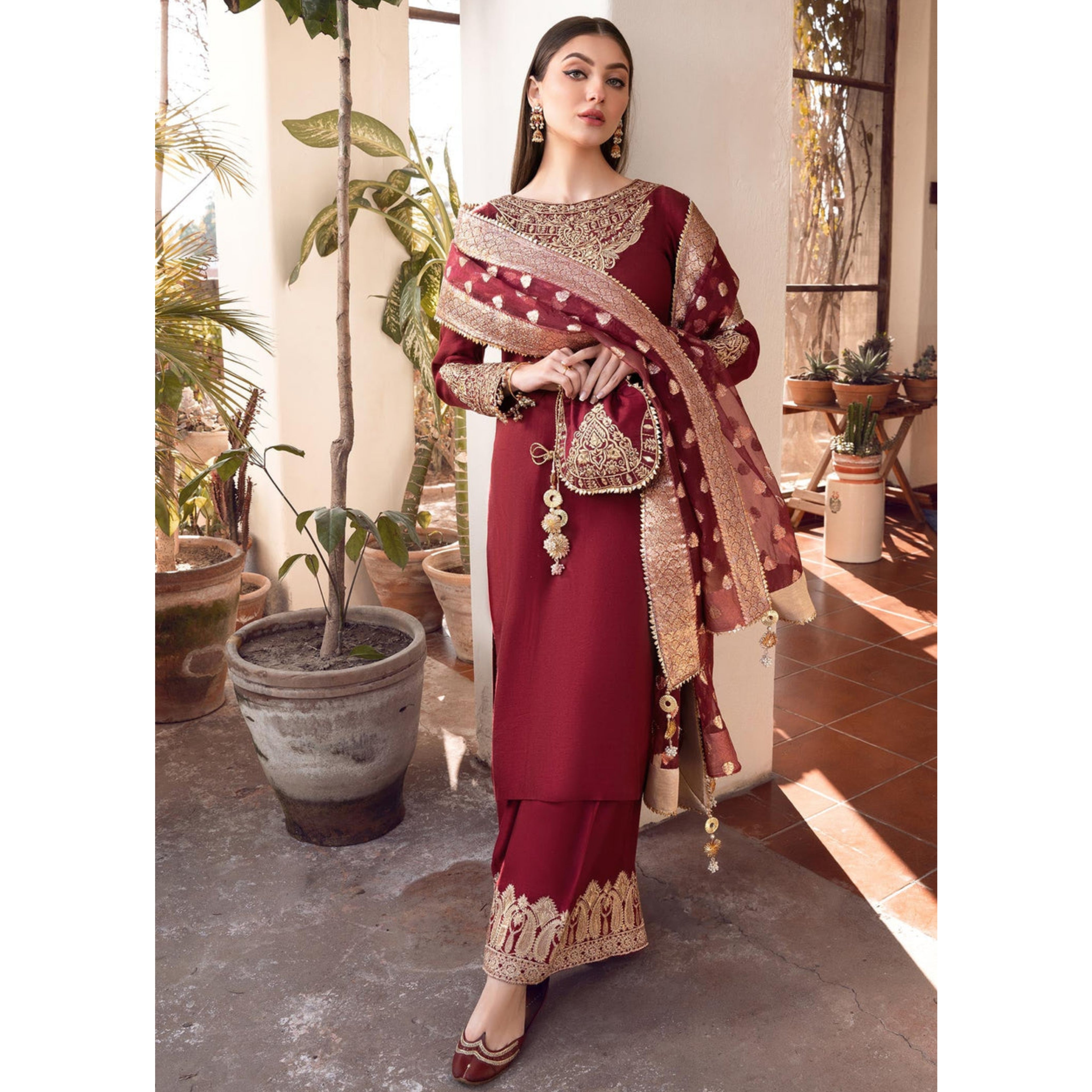 SO-01 : 3PIECE UNSTITCHED PREMIUM SATTEN SILK EMBROIDERED DRESS