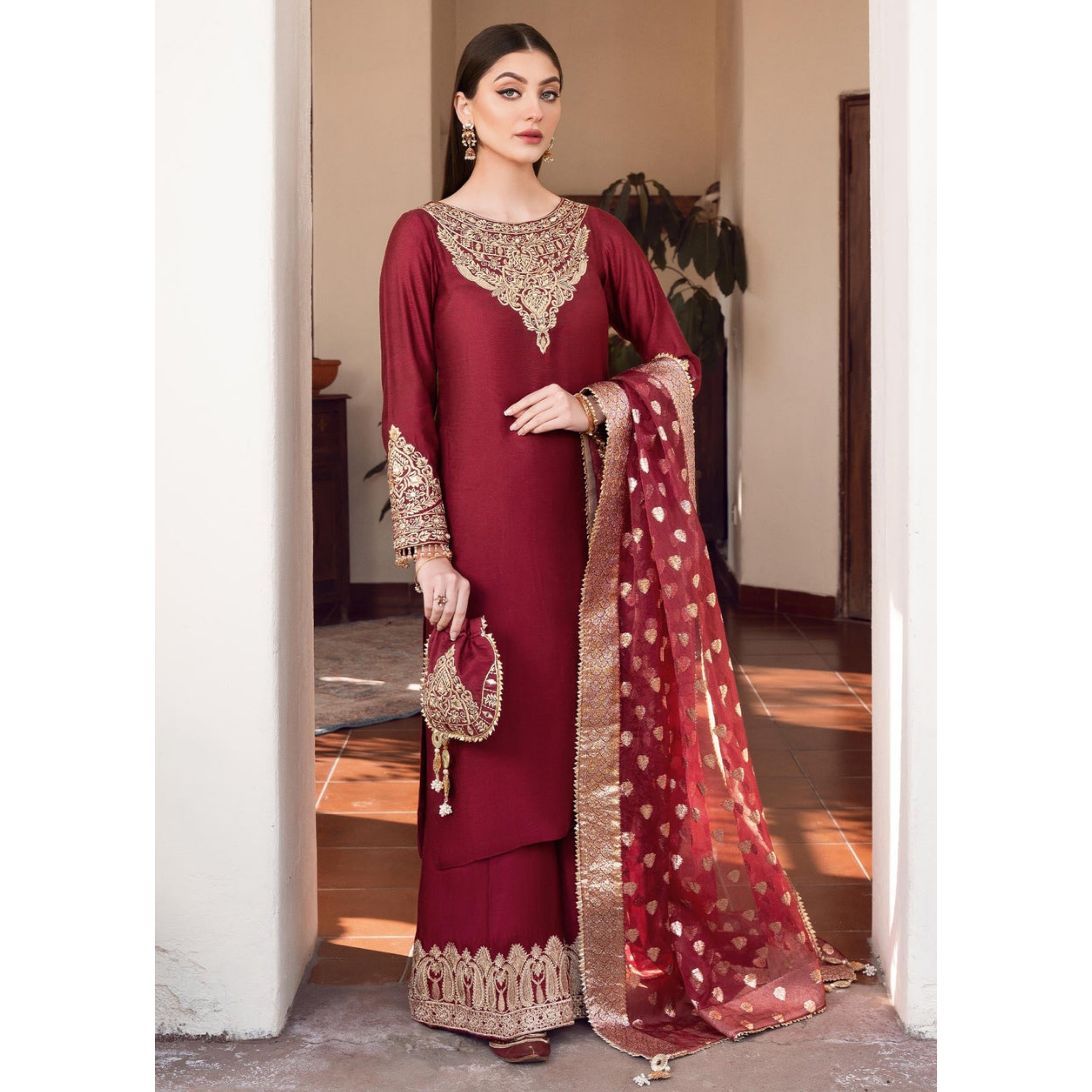 SO-01 : 3PIECE UNSTITCHED PREMIUM SATTEN SILK EMBROIDERED DRESS