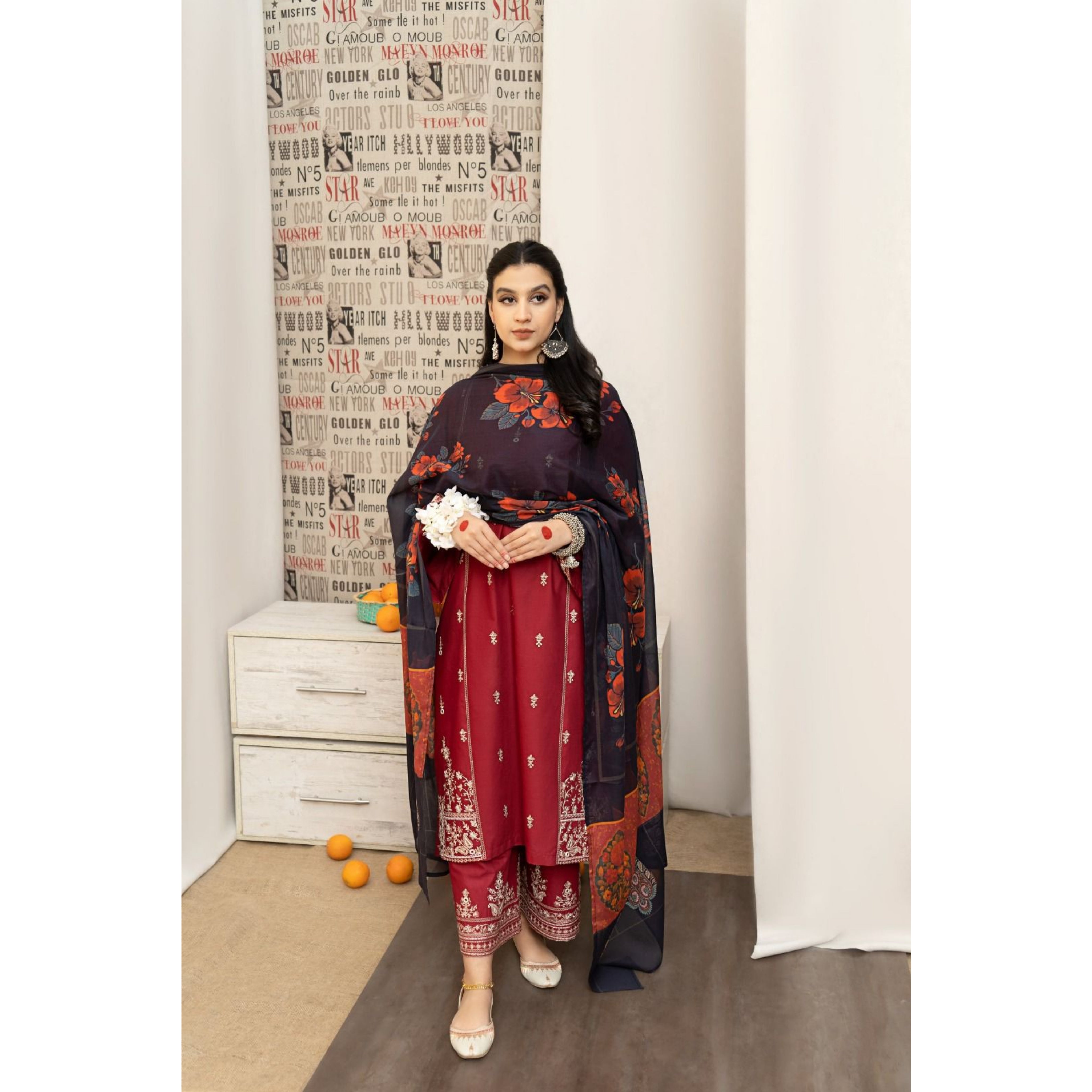 LC-32 : 3 PIECE UN-STITCHED EMBROIDERED PREMIUM DHANAK DRESS