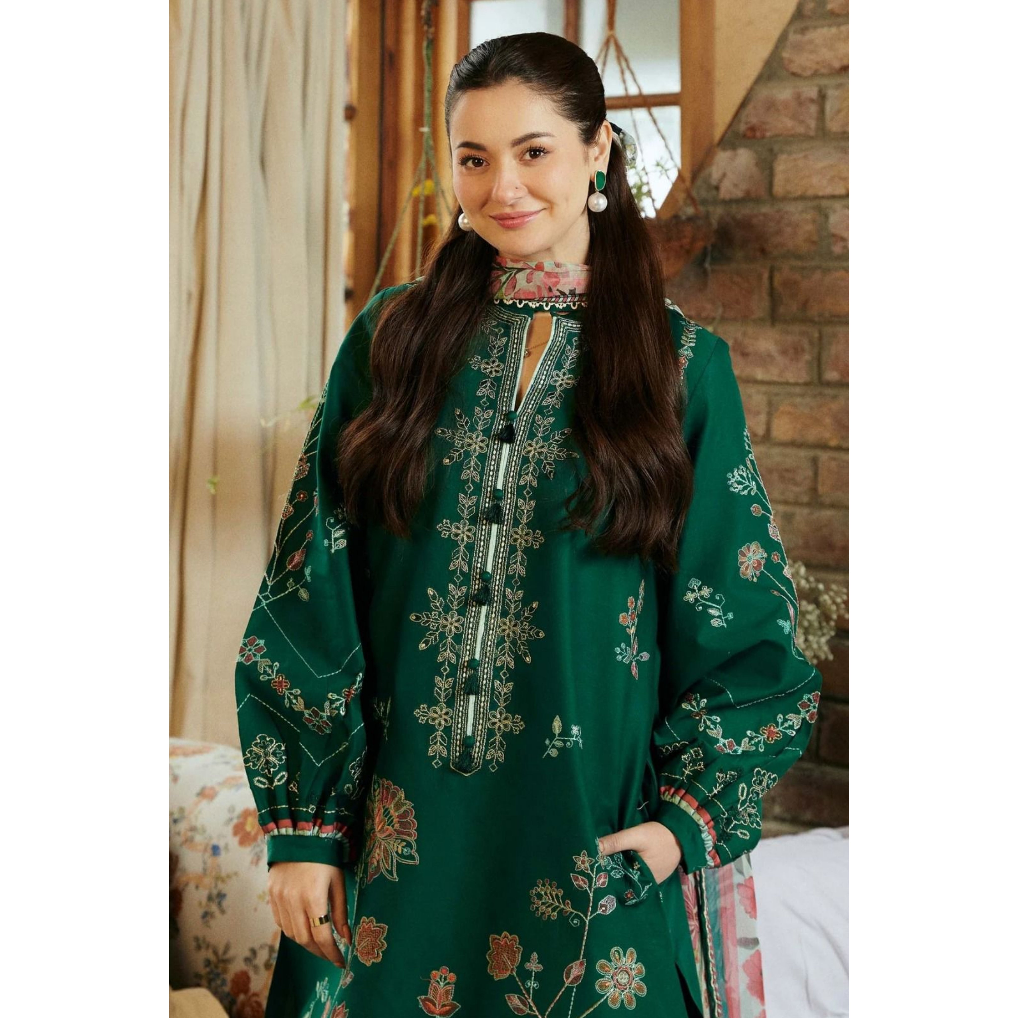 LC-34 : 3 PIECE UN-STITCHED EMBROIDERED PREMIUM DHANAK DRESS