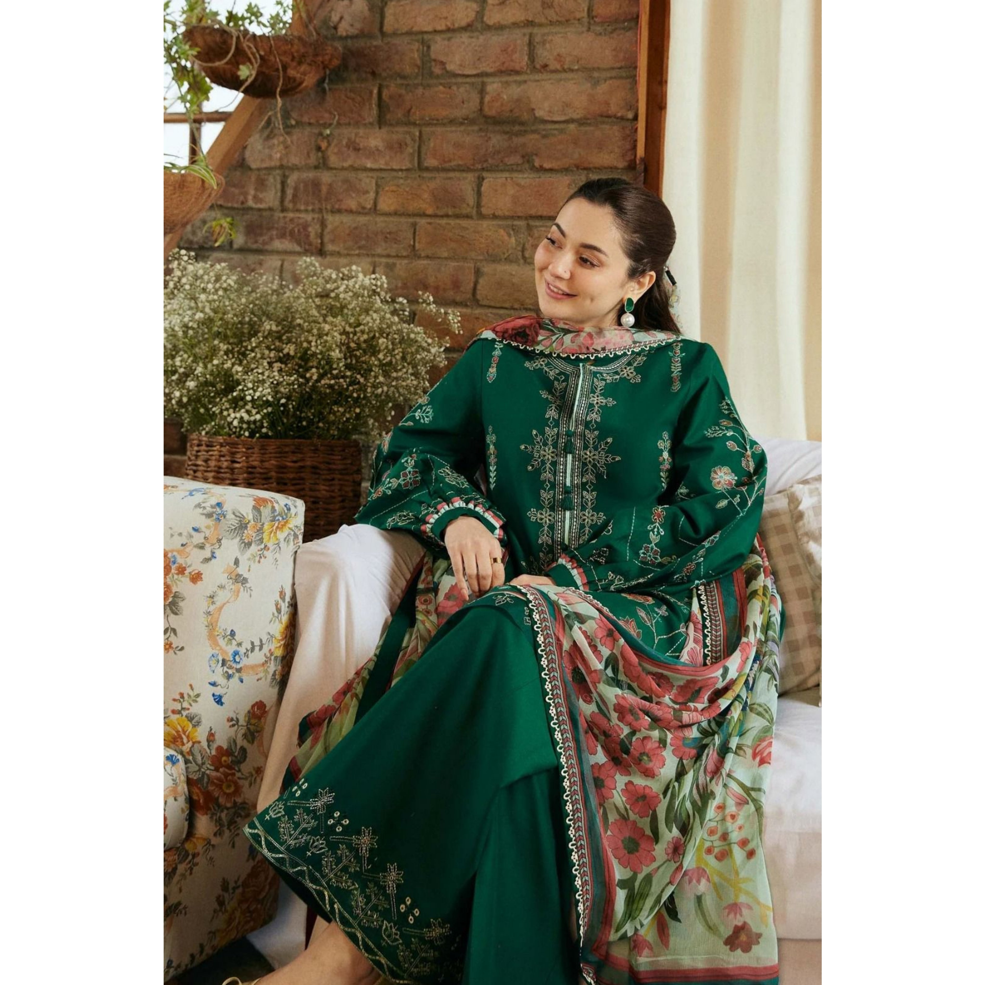 LC-34 : 3 PIECE UN-STITCHED EMBROIDERED PREMIUM DHANAK DRESS