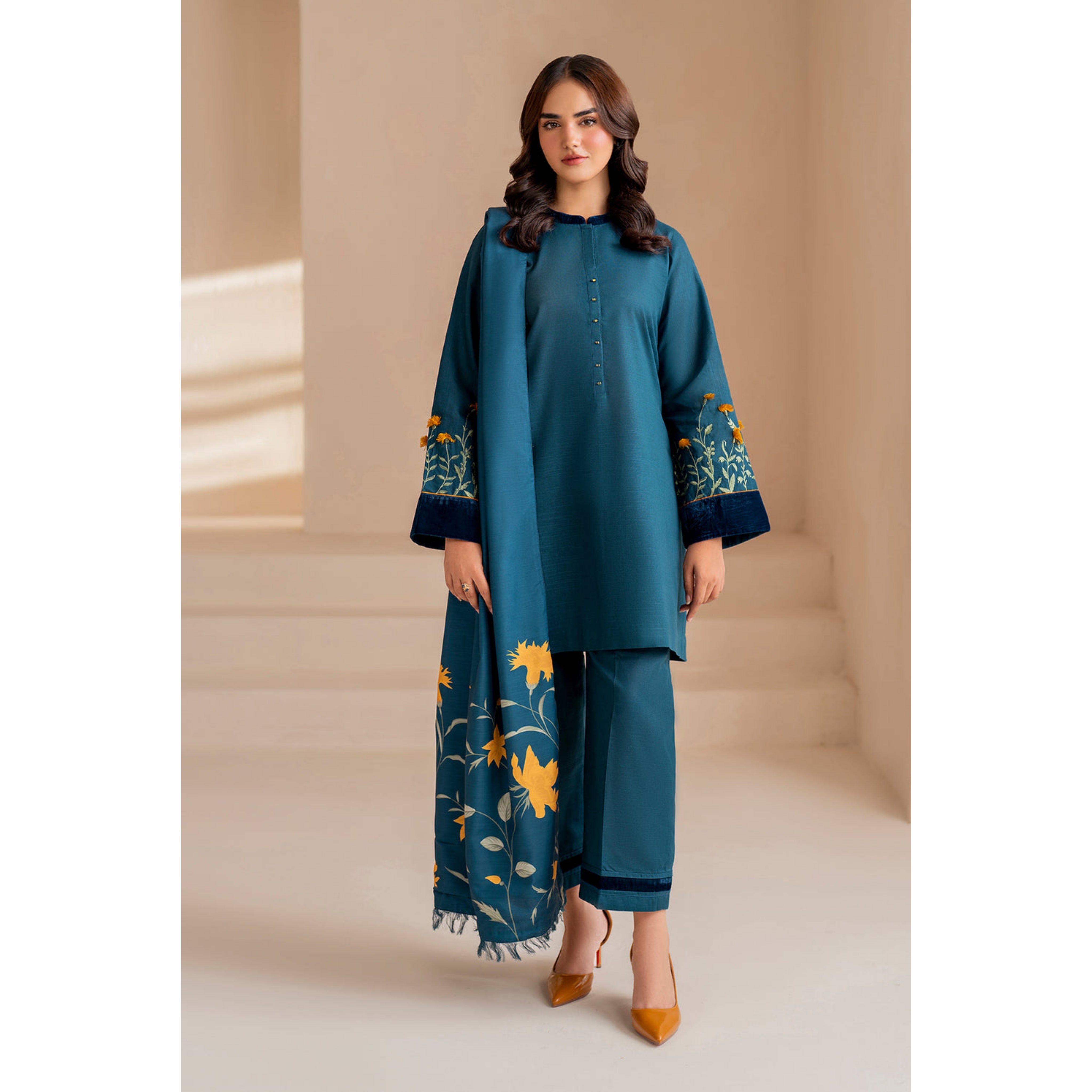 LC-51 : 3 PIECE UN-STITCHED EMBROIDERED PREMIUM DHANAK DRESS