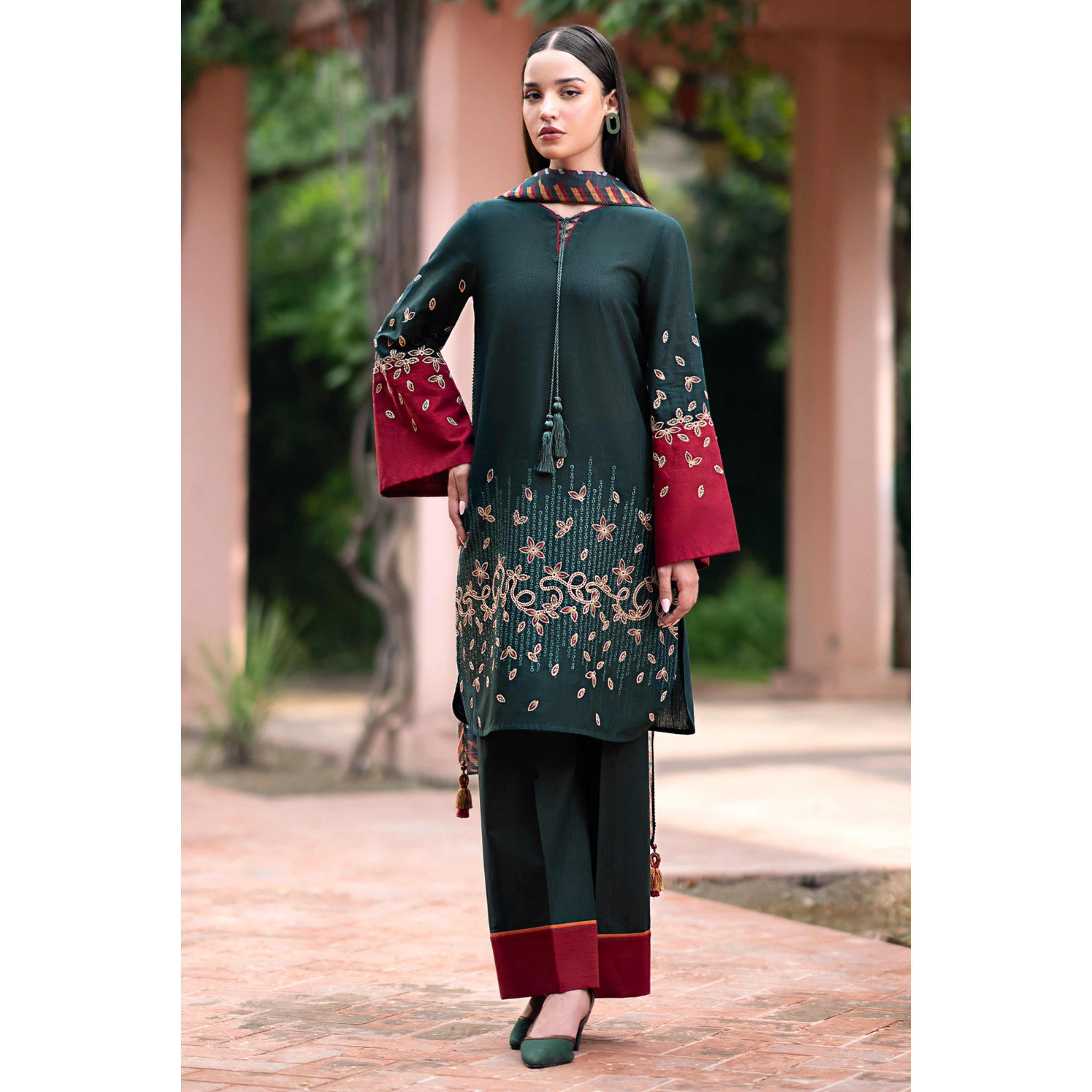 LC-48 : 3 PIECE UN-STITCHED EMBROIDERED PREMIUM DHANAK DRESS