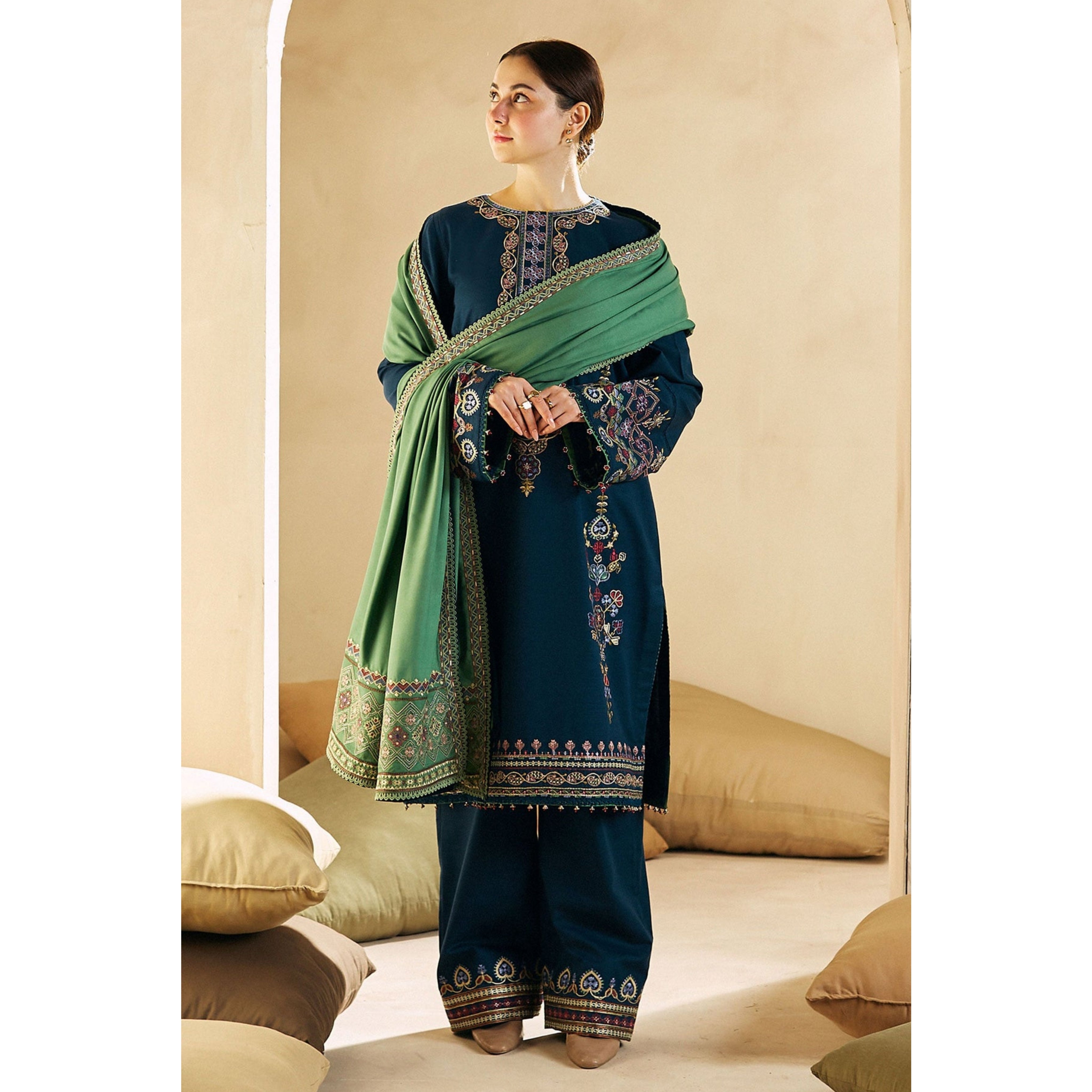 LC-35 : 3 PIECE UN-STITCHED FULL HEAVY EMBROIDERED PREMIUM DHANAK DRESS