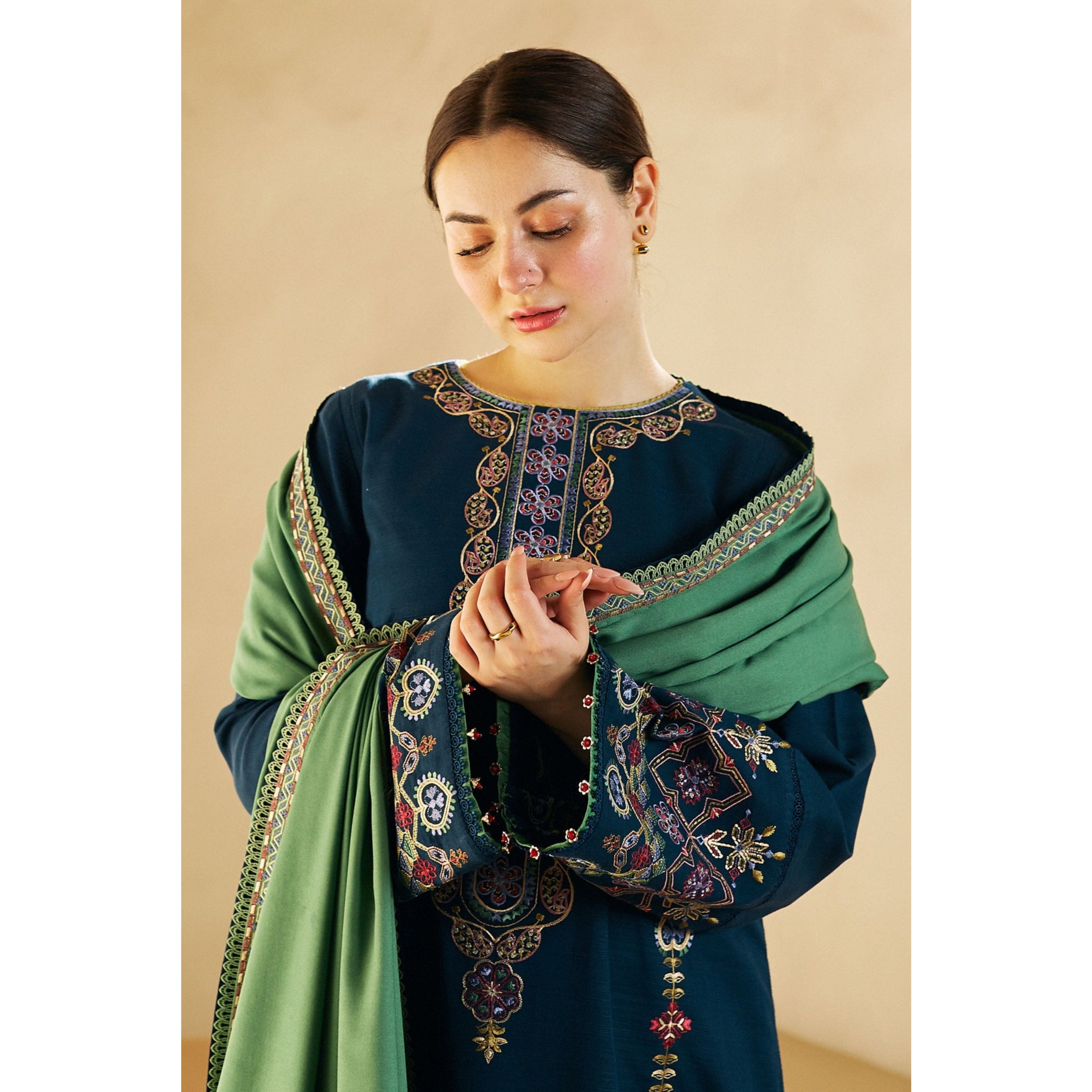 LC-35 : 3 PIECE UN-STITCHED FULL HEAVY EMBROIDERED PREMIUM DHANAK DRESS