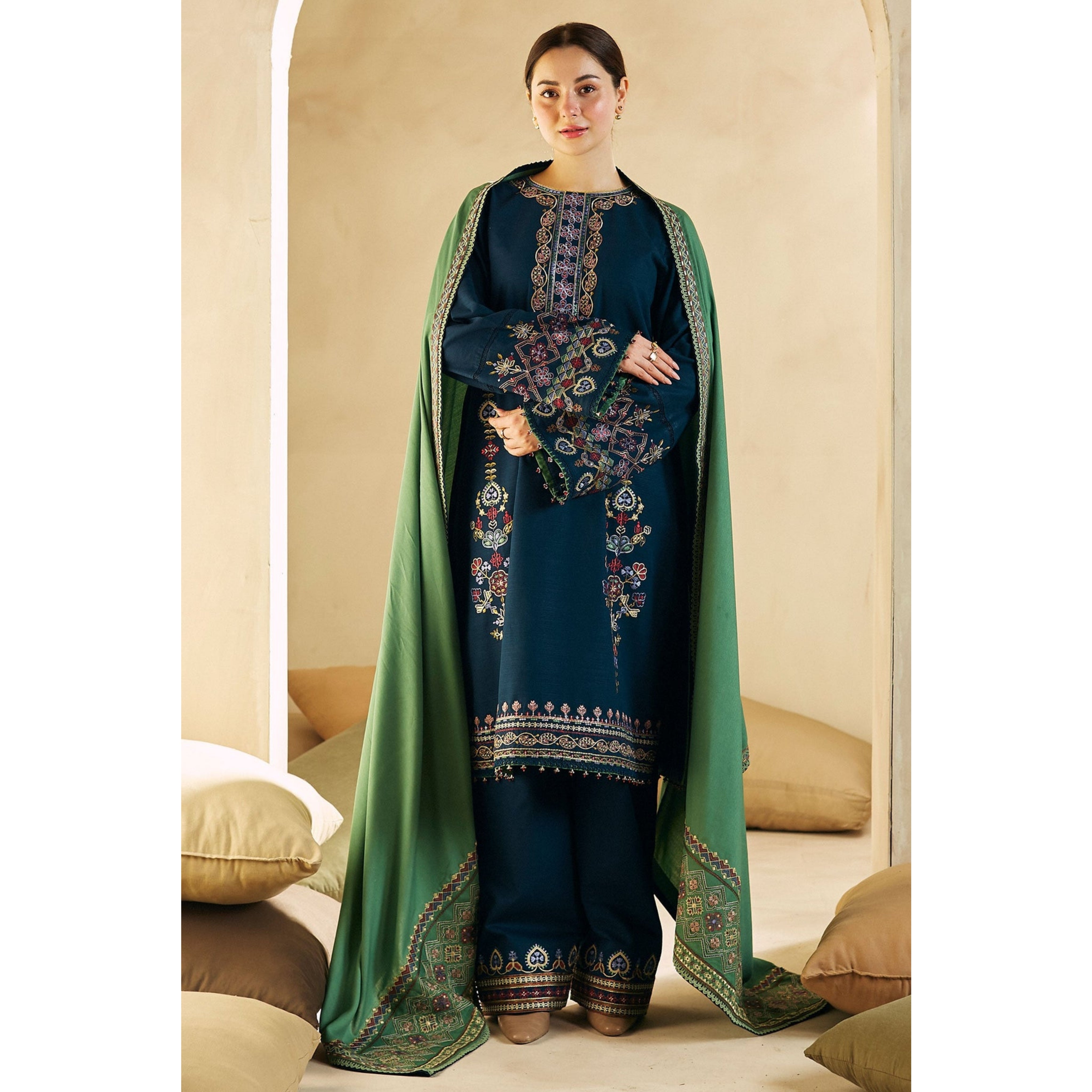 LC-35 : 3 PIECE UN-STITCHED FULL HEAVY EMBROIDERED PREMIUM DHANAK DRESS