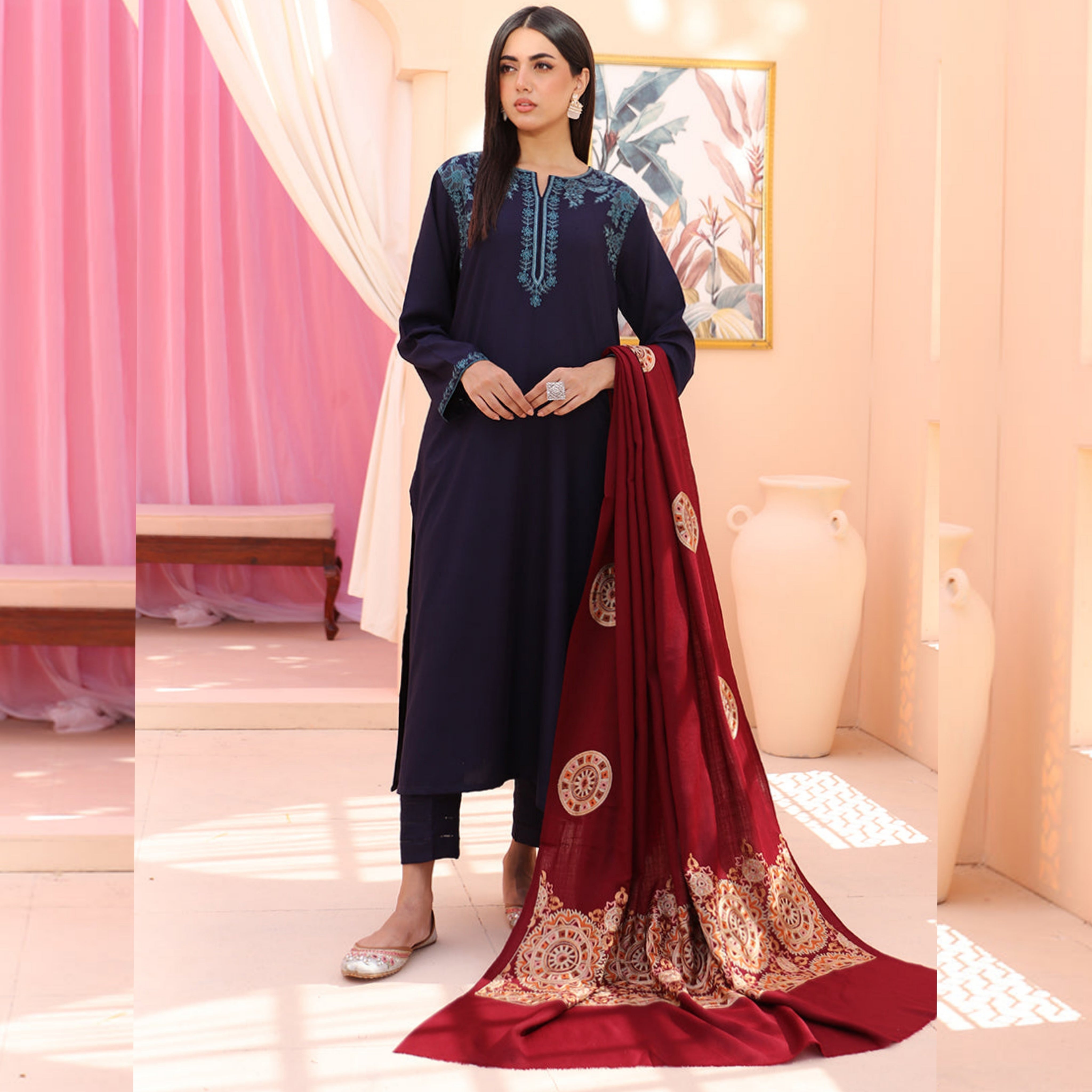 LC-49 : 3 PIECE UN-STITCHED EMBROIDERED PREMIUM DHANAK DRESS