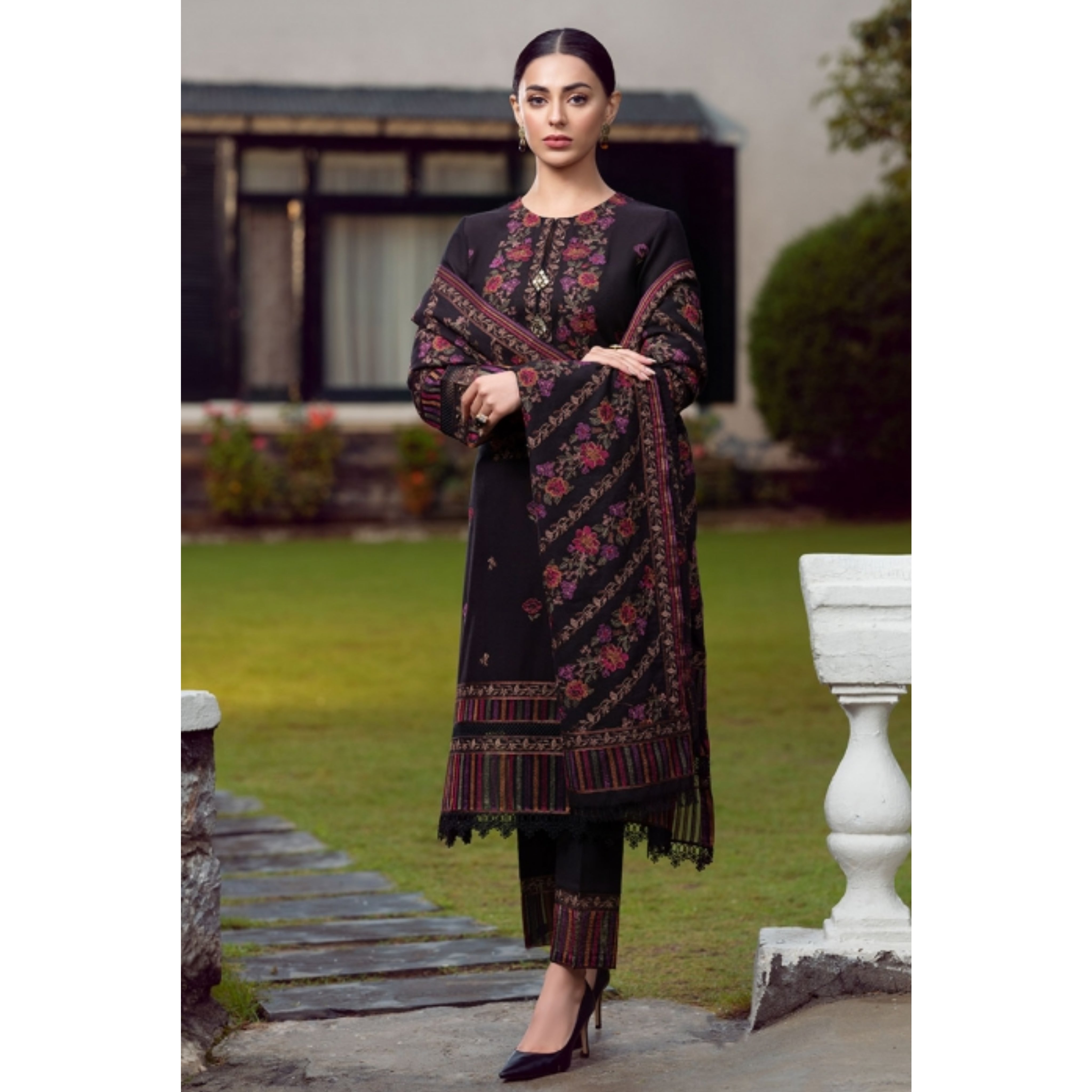 LC-40 : 3 PIECE UN-STITCHED FULL HEAVY EMBROIDERED PREMIUM DHANAK DRESS