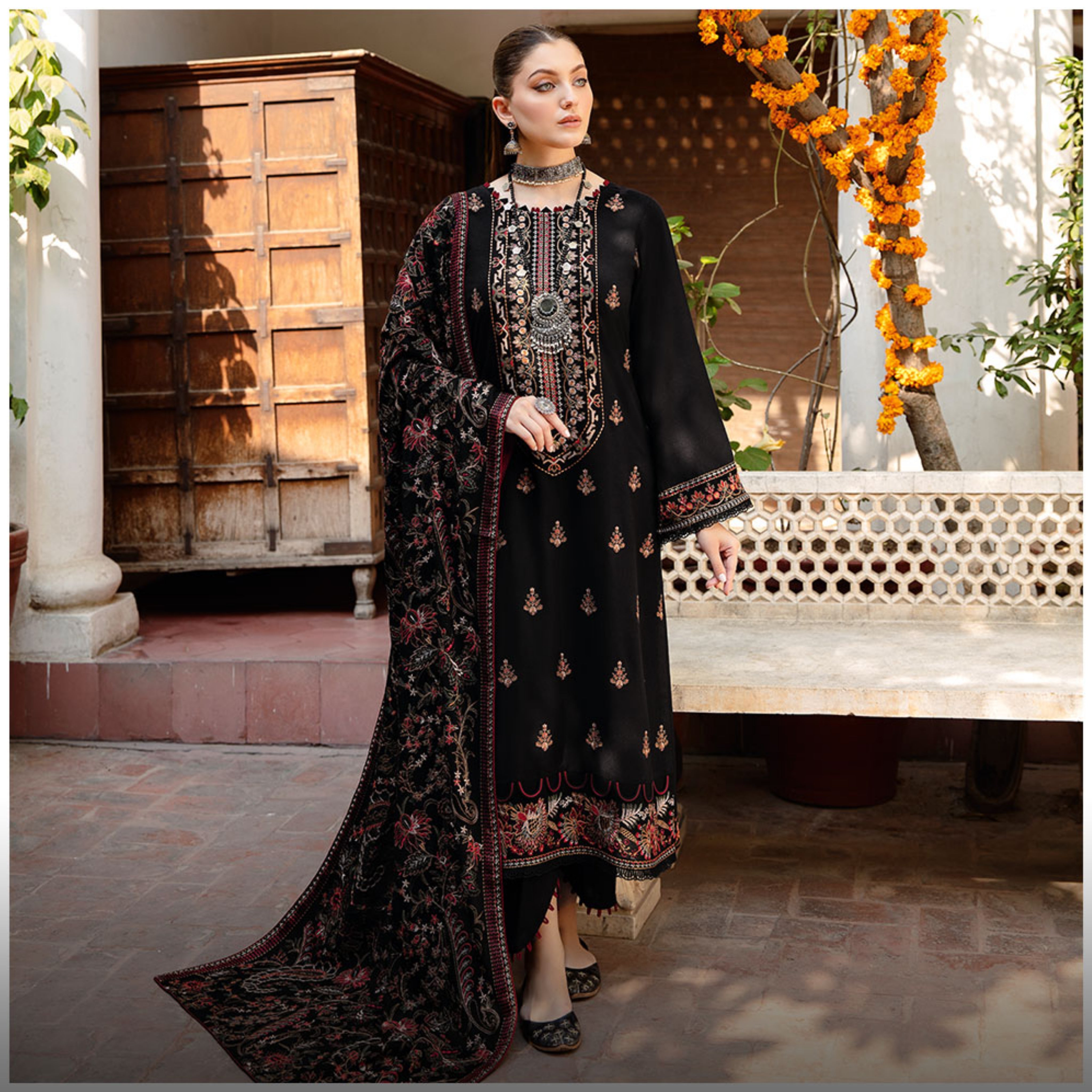 LC-41 : 3 PIECE UN-STITCHED FULL HEAVY EMBROIDERED PREMIUM DHANAK DRESS