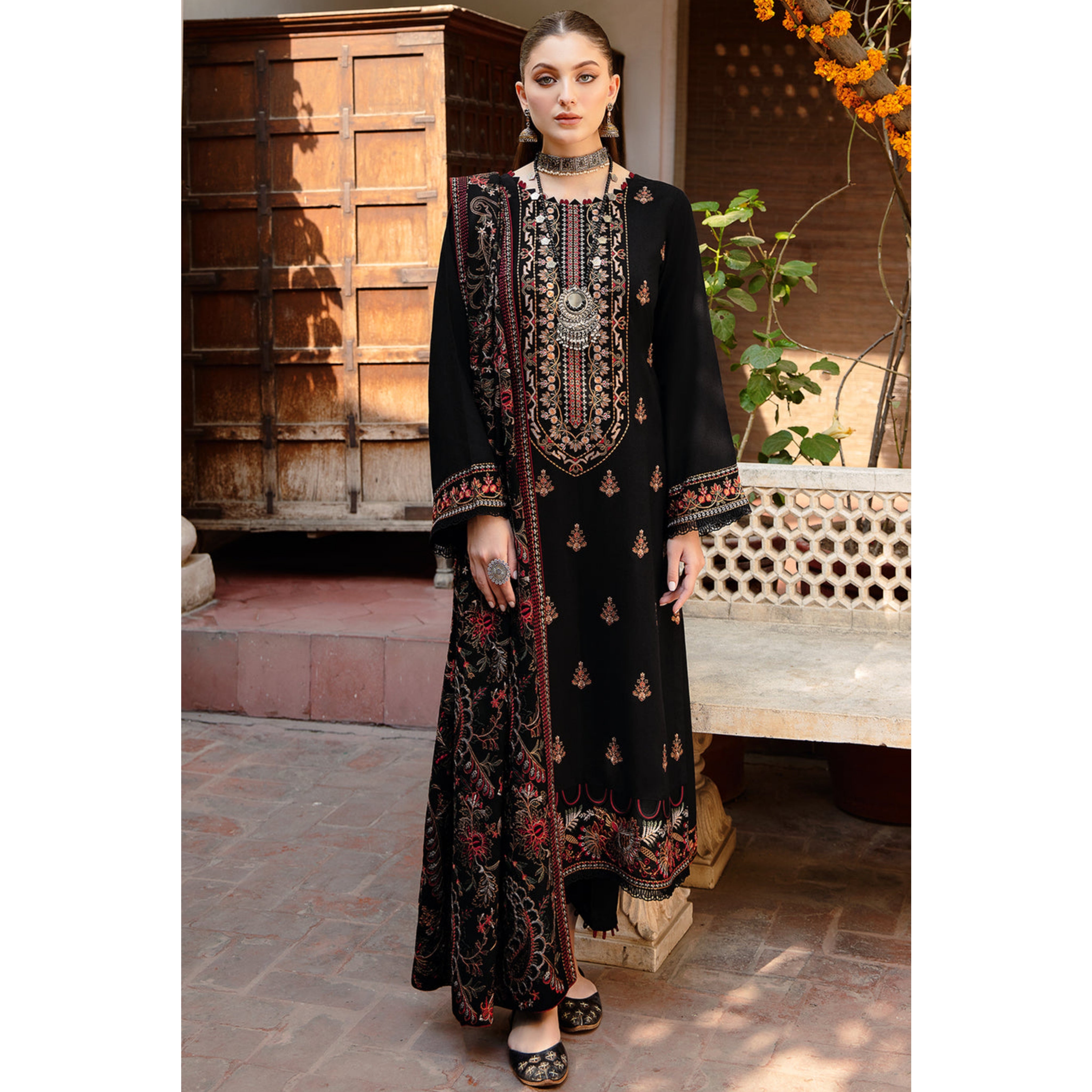 LC-41 : 3 PIECE UN-STITCHED FULL HEAVY EMBROIDERED PREMIUM DHANAK DRESS