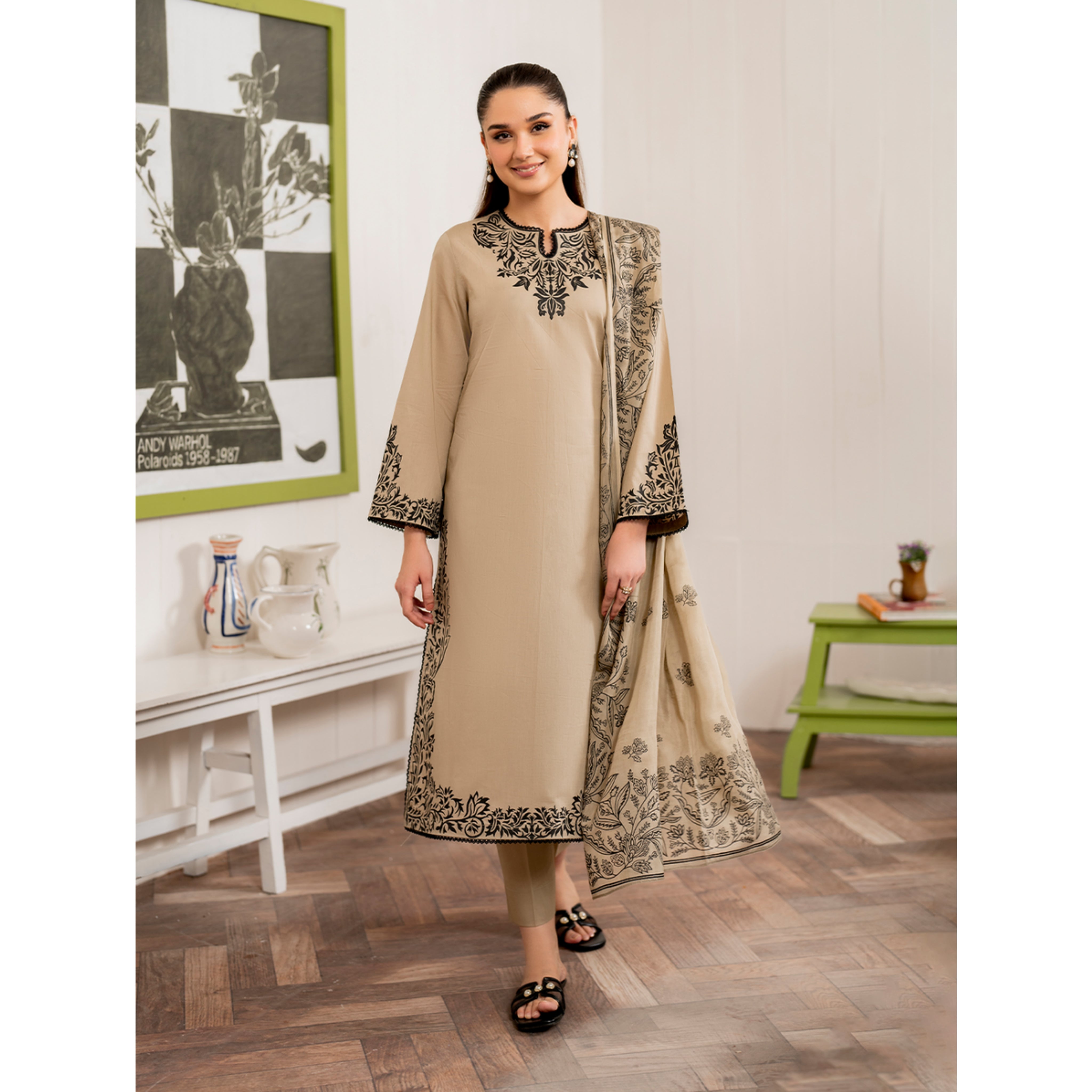 LC-53 : 3 PIECE UN-STITCHED EMBROIDERED PREMIUM DHANAK DRESS