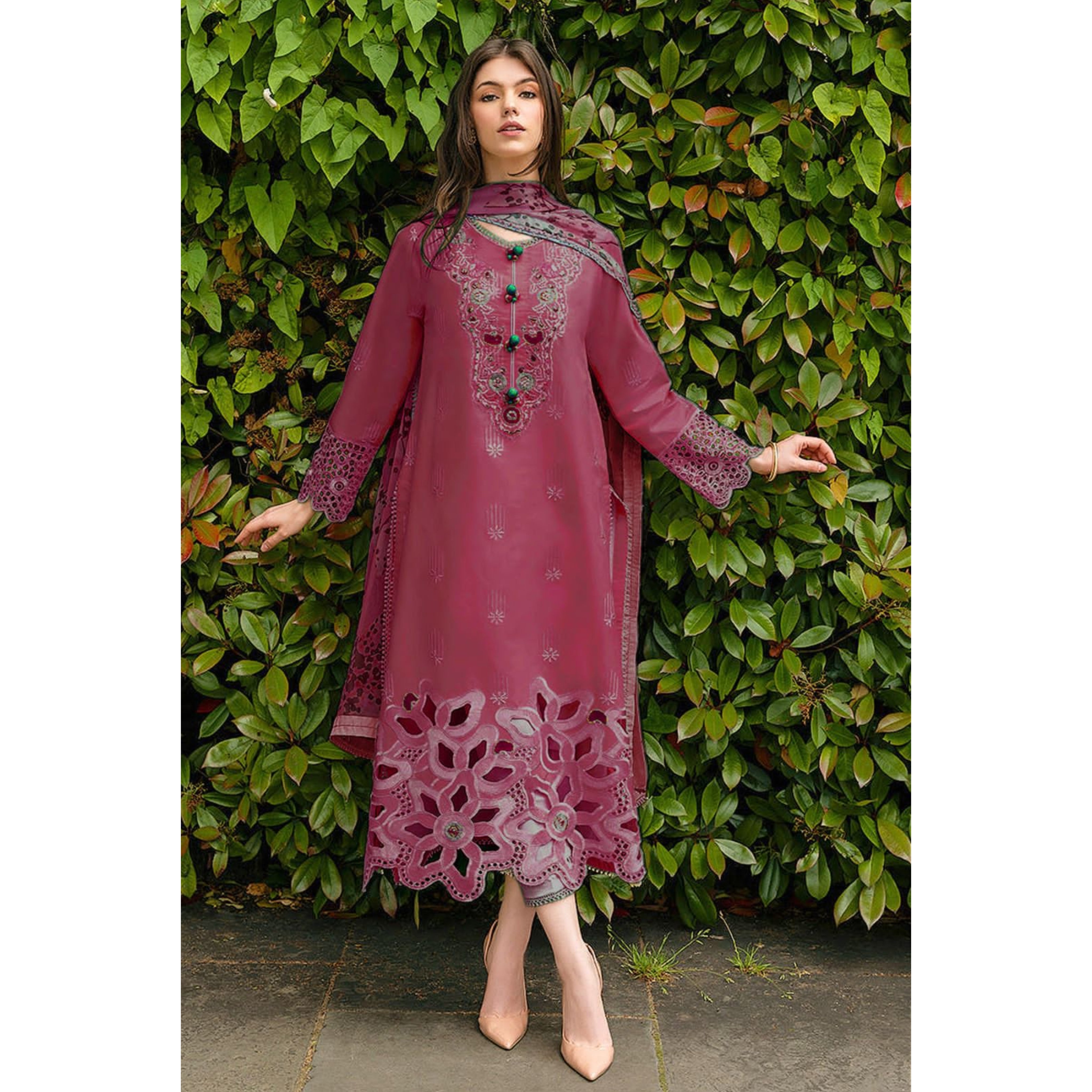 NA-161 : 3 PIECE UN-STITCHED HEAVY EMBROIDERED PREMIUM DHANAK DRESS.