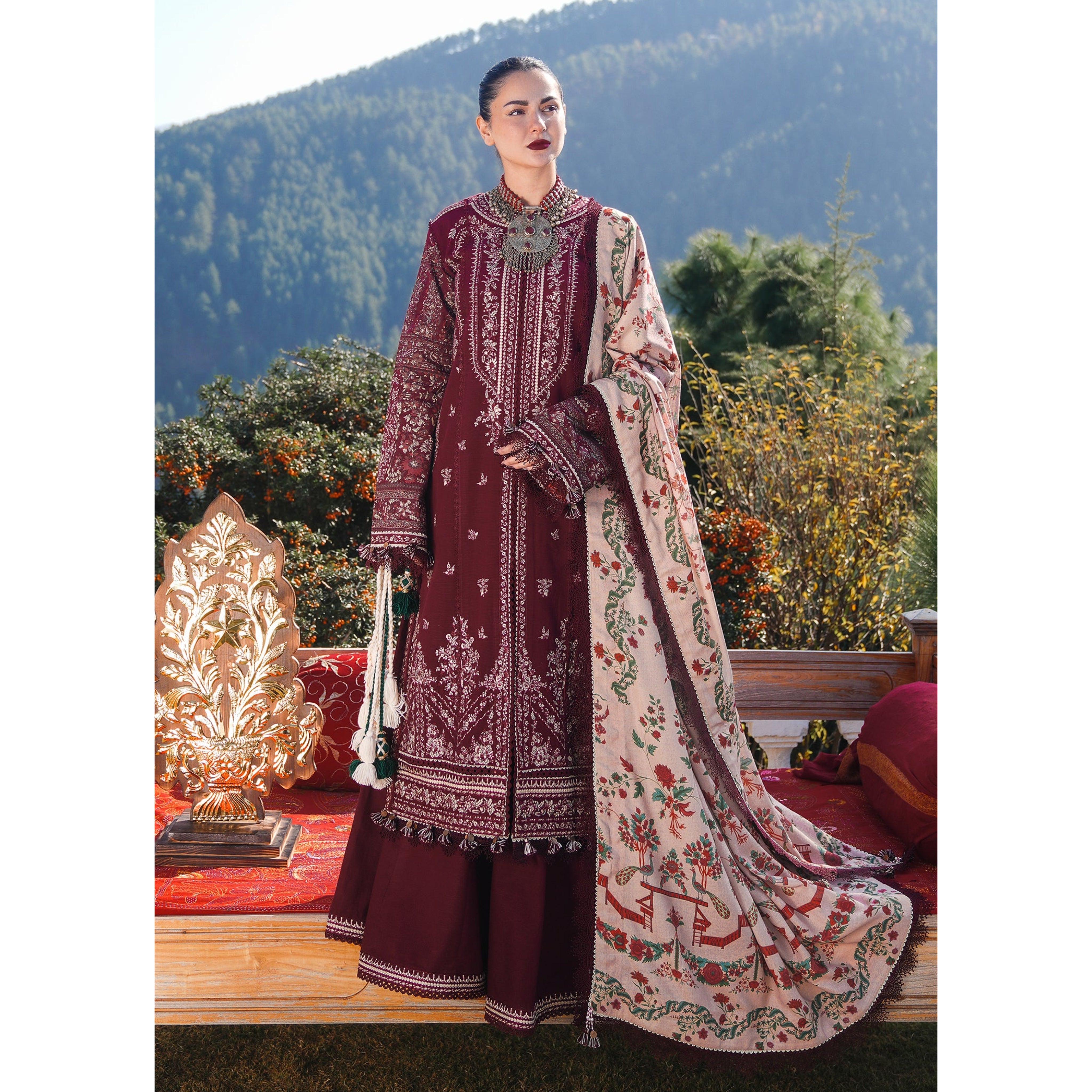 NA-163 : 3 PIECE UN-STITCHED HEAVY EMBROIDERED PREMIUM DHANAK DRESS.
