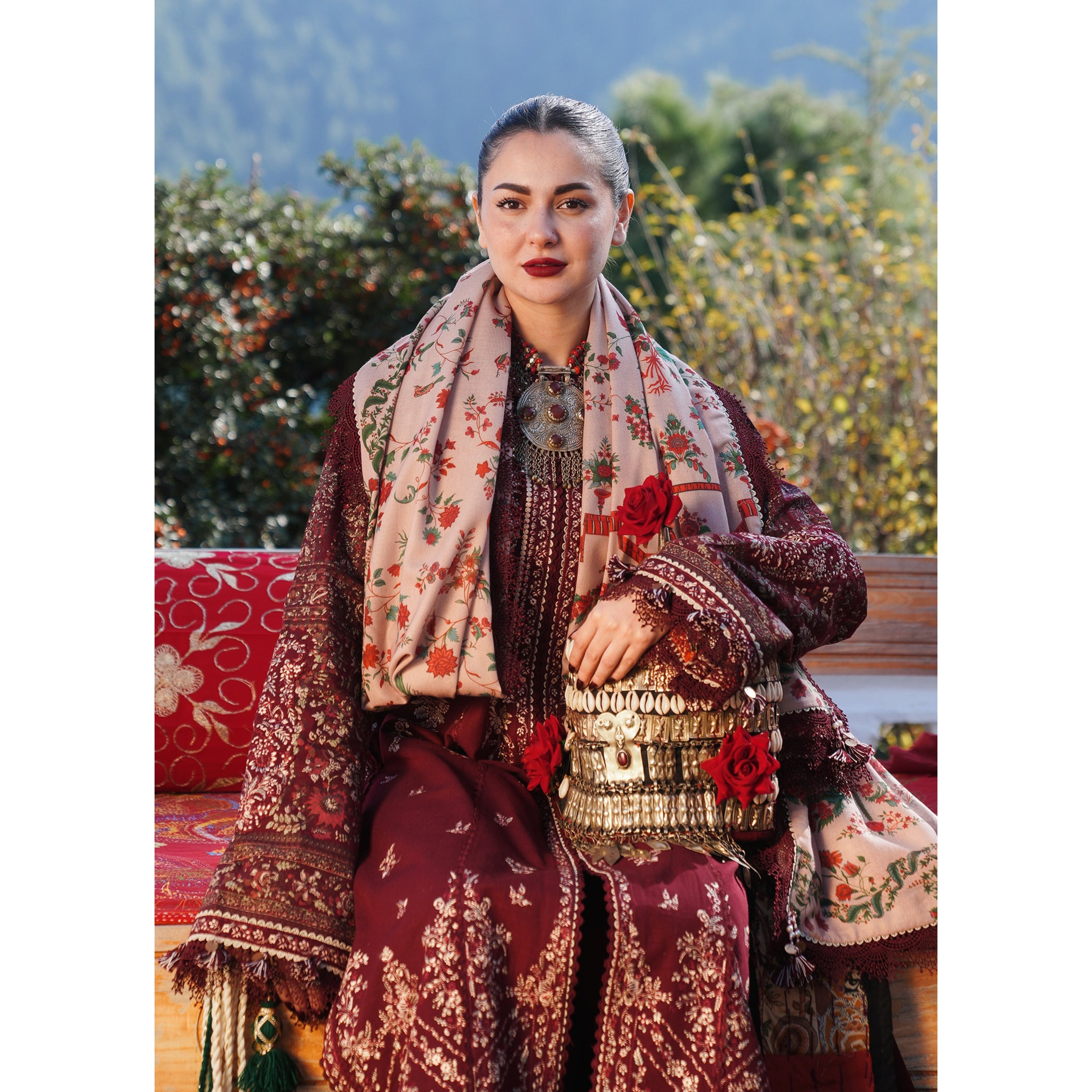 NA-163 : 3 PIECE UN-STITCHED HEAVY EMBROIDERED PREMIUM DHANAK DRESS.