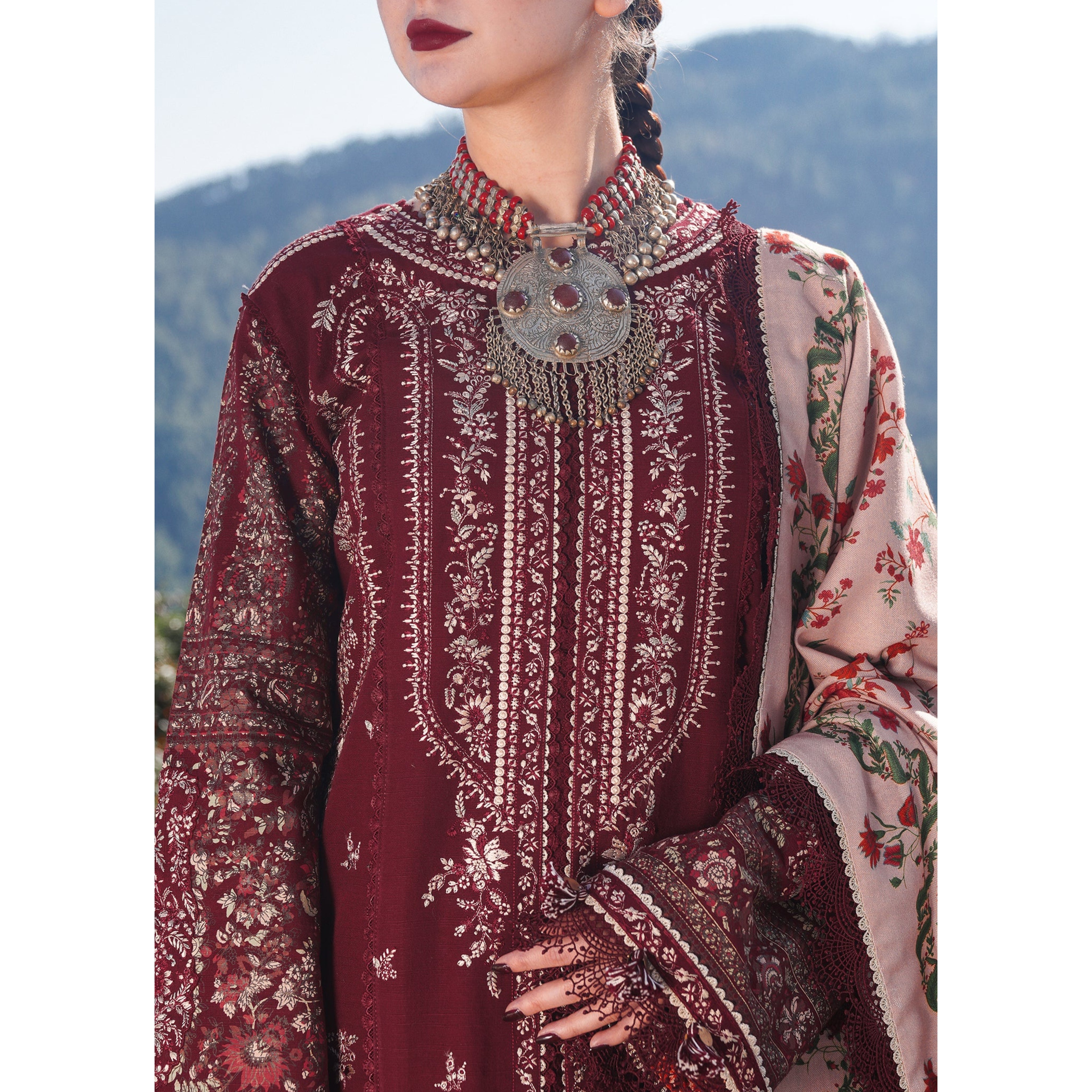 NA-163 : 3 PIECE UN-STITCHED HEAVY EMBROIDERED PREMIUM DHANAK DRESS.