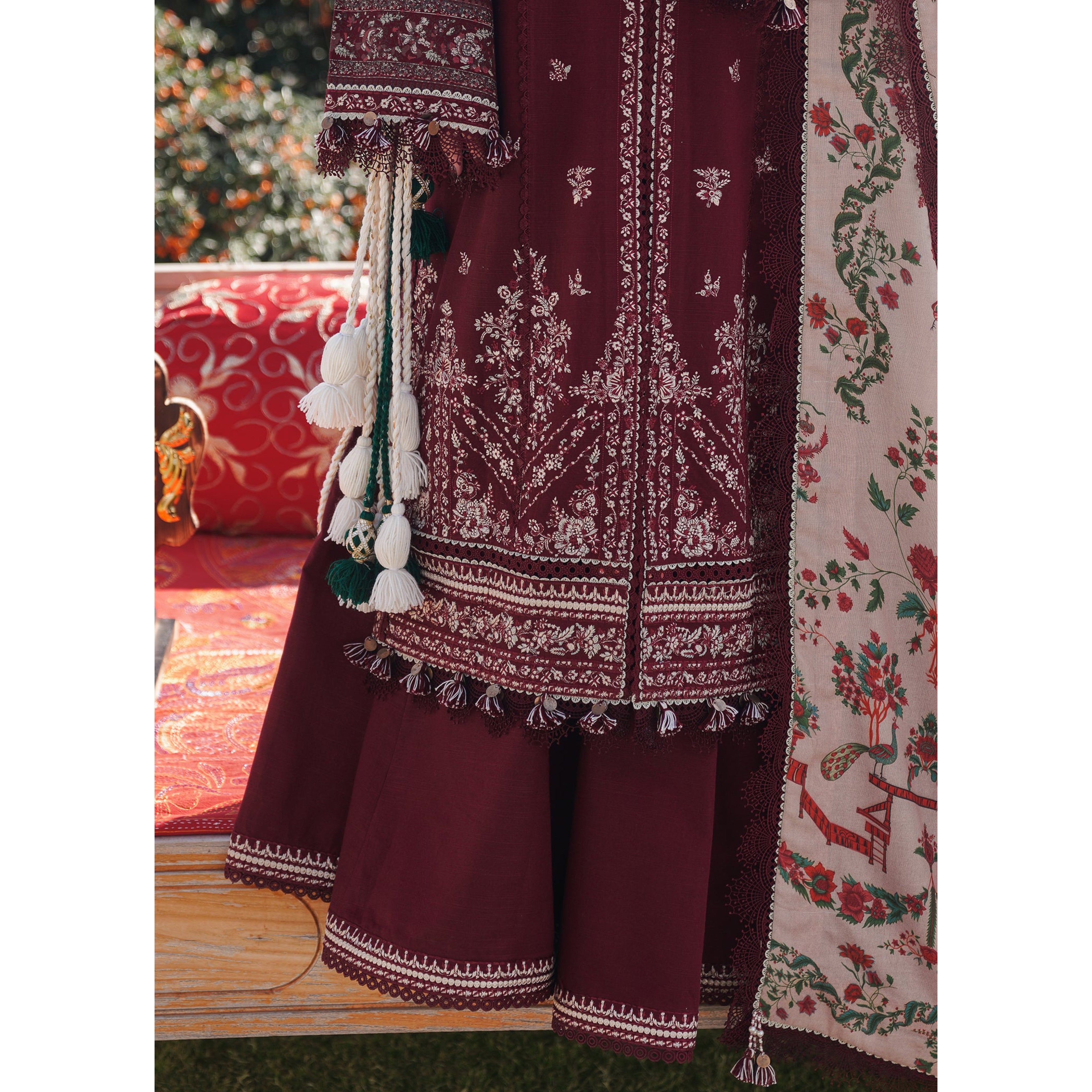 NA-163 : 3 PIECE UN-STITCHED HEAVY EMBROIDERED PREMIUM DHANAK DRESS.