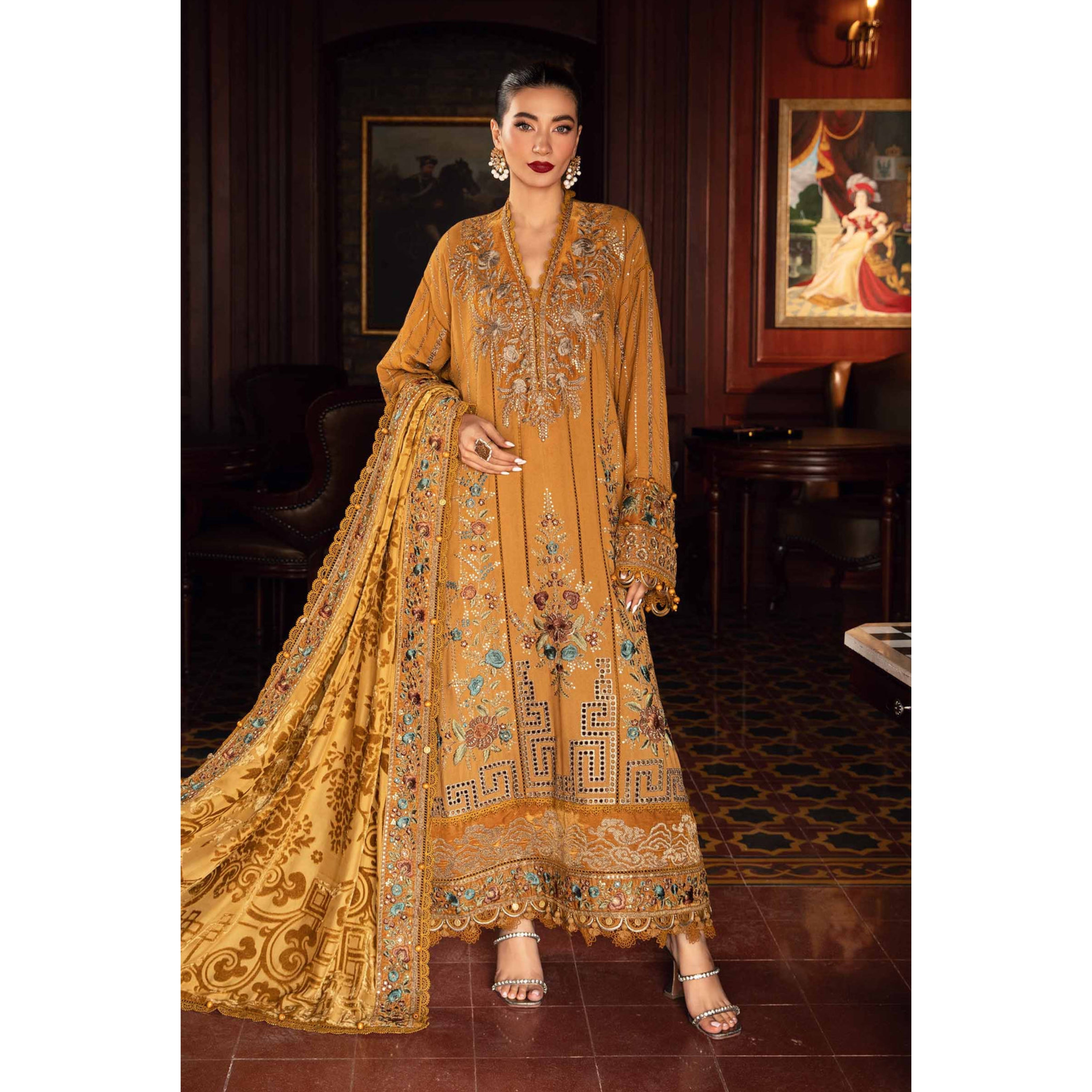 NA-164 : 3 PIECE UN-STITCHED HEAVY EMBROIDERED PREMIUM DHANAK DRESS.