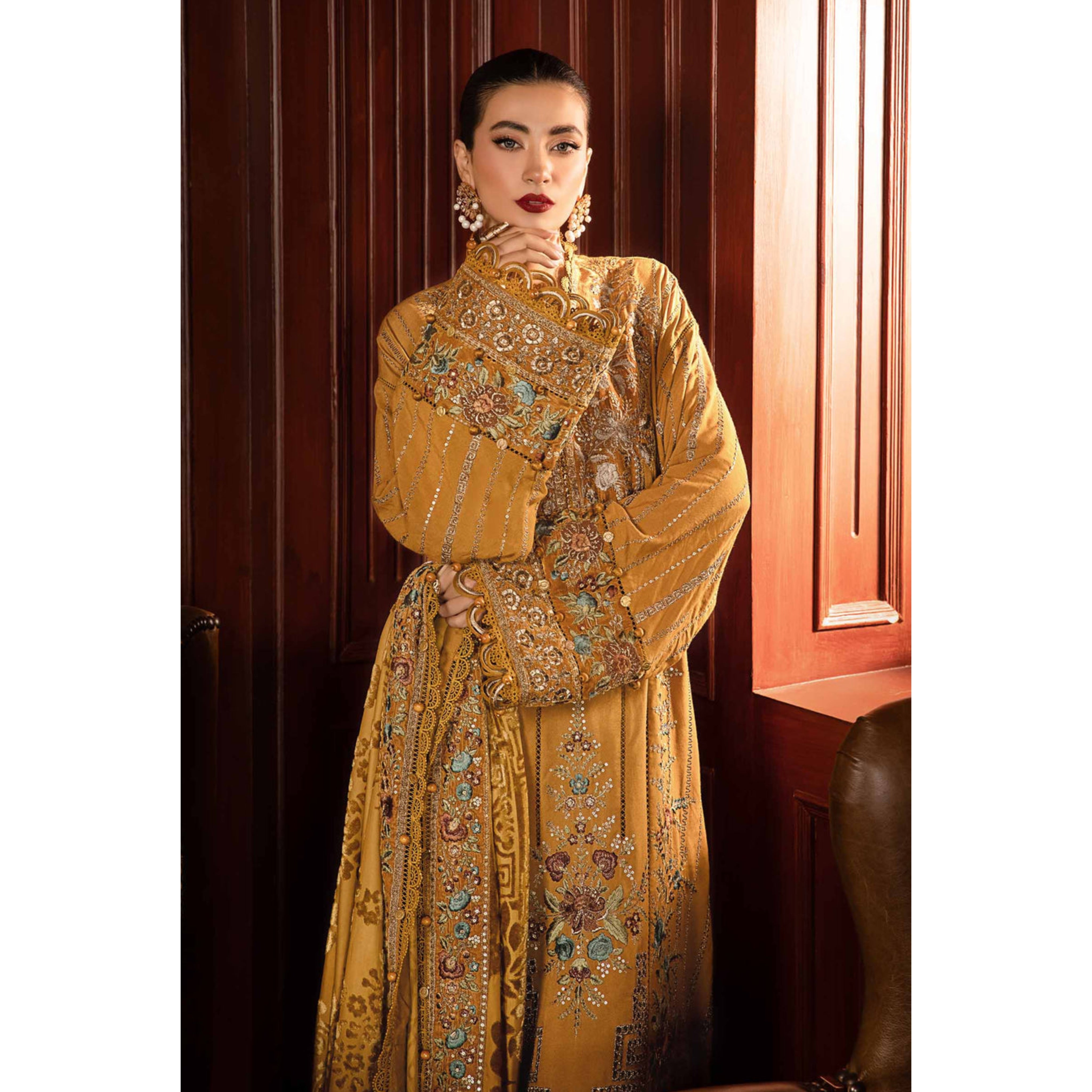 NA-164 : 3 PIECE UN-STITCHED HEAVY EMBROIDERED PREMIUM DHANAK DRESS.