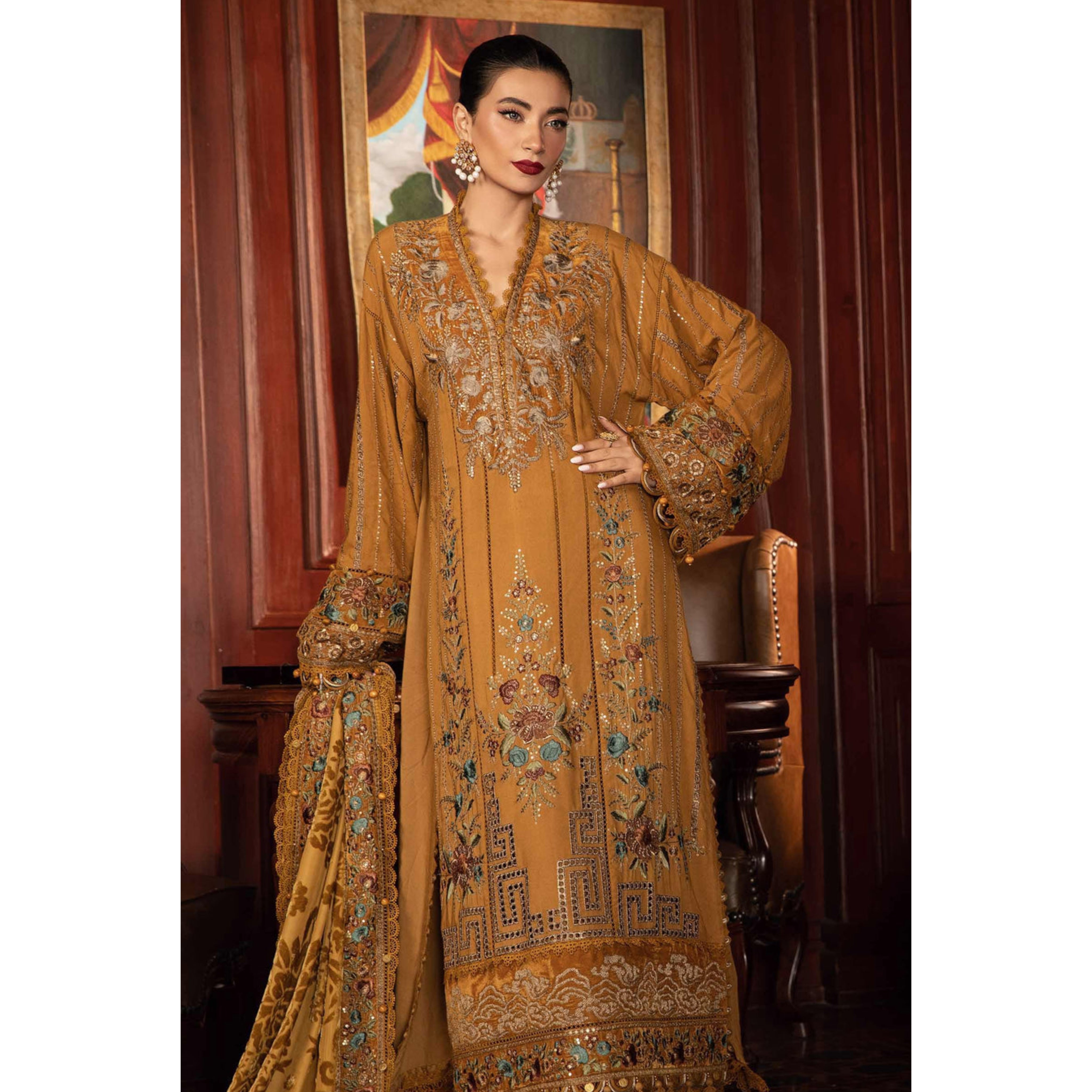 NA-164 : 3 PIECE UN-STITCHED HEAVY EMBROIDERED PREMIUM DHANAK DRESS.