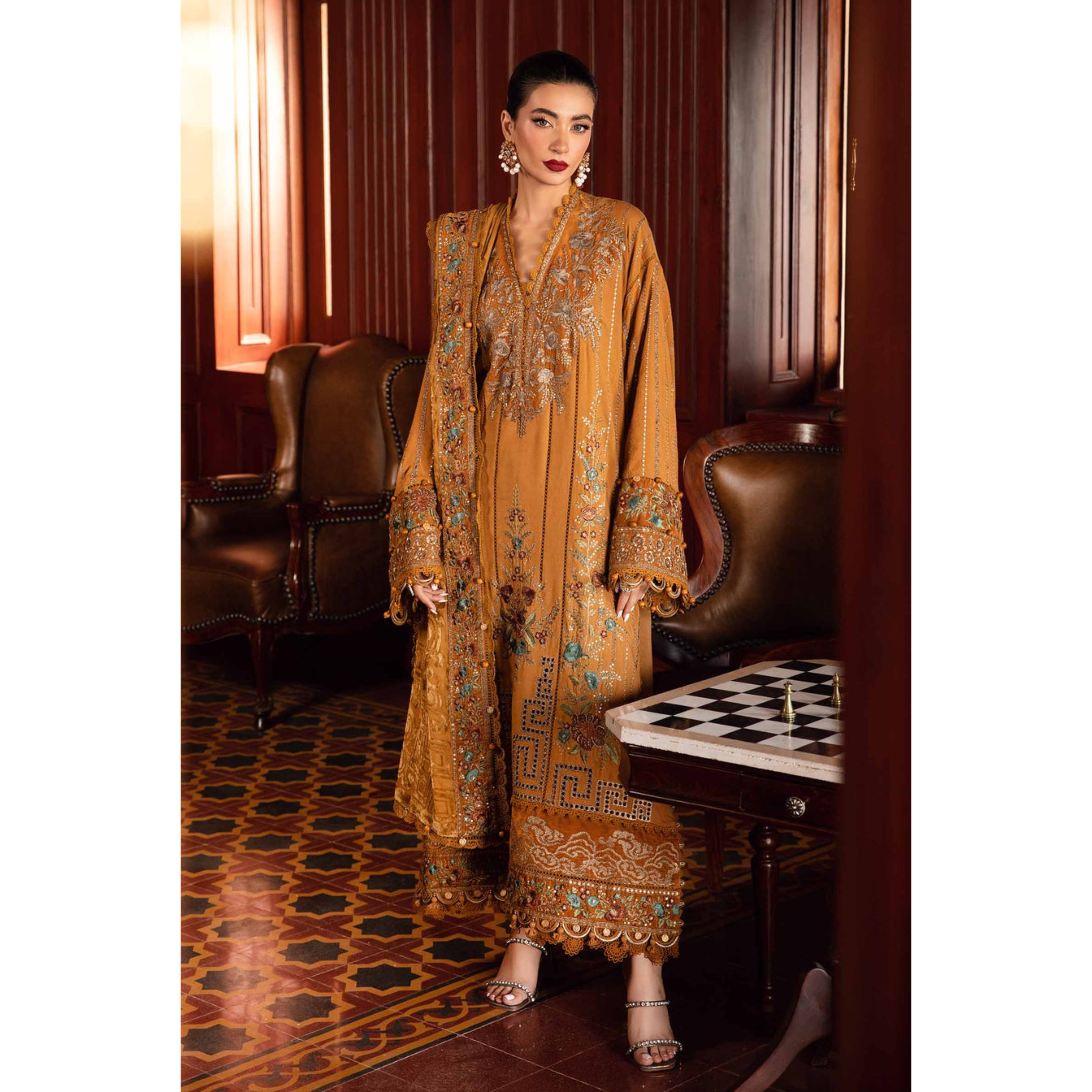 NA-164 : 3 PIECE UN-STITCHED HEAVY EMBROIDERED PREMIUM DHANAK DRESS.