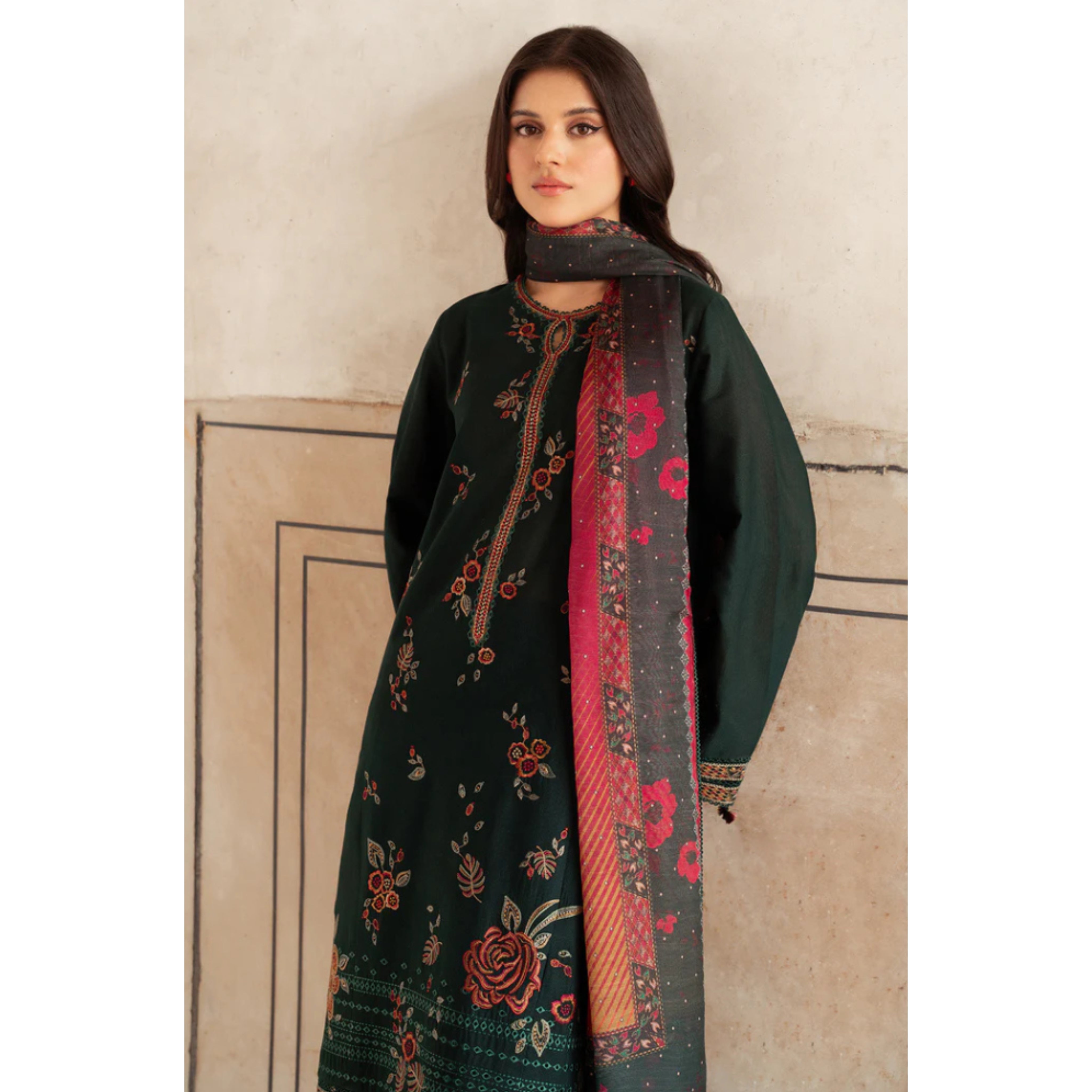 NA-165 : 3 PIECE UN-STITCHED HEAVY EMBROIDERED PREMIUM DHANAK DRESS.