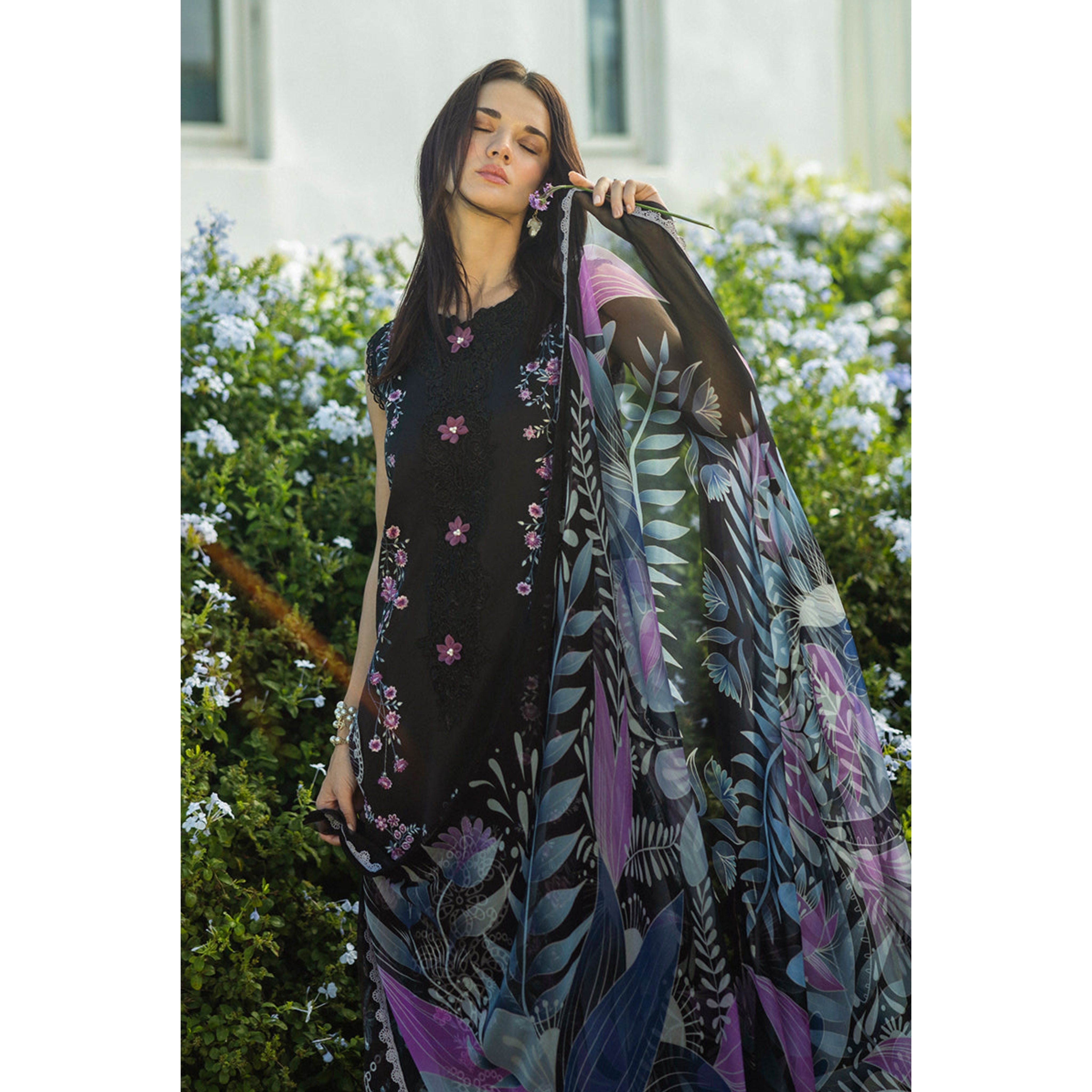 NA-166 : 3 PIECE UN-STITCHED HEAVY EMBROIDERED PREMIUM DHANAK DRESS.