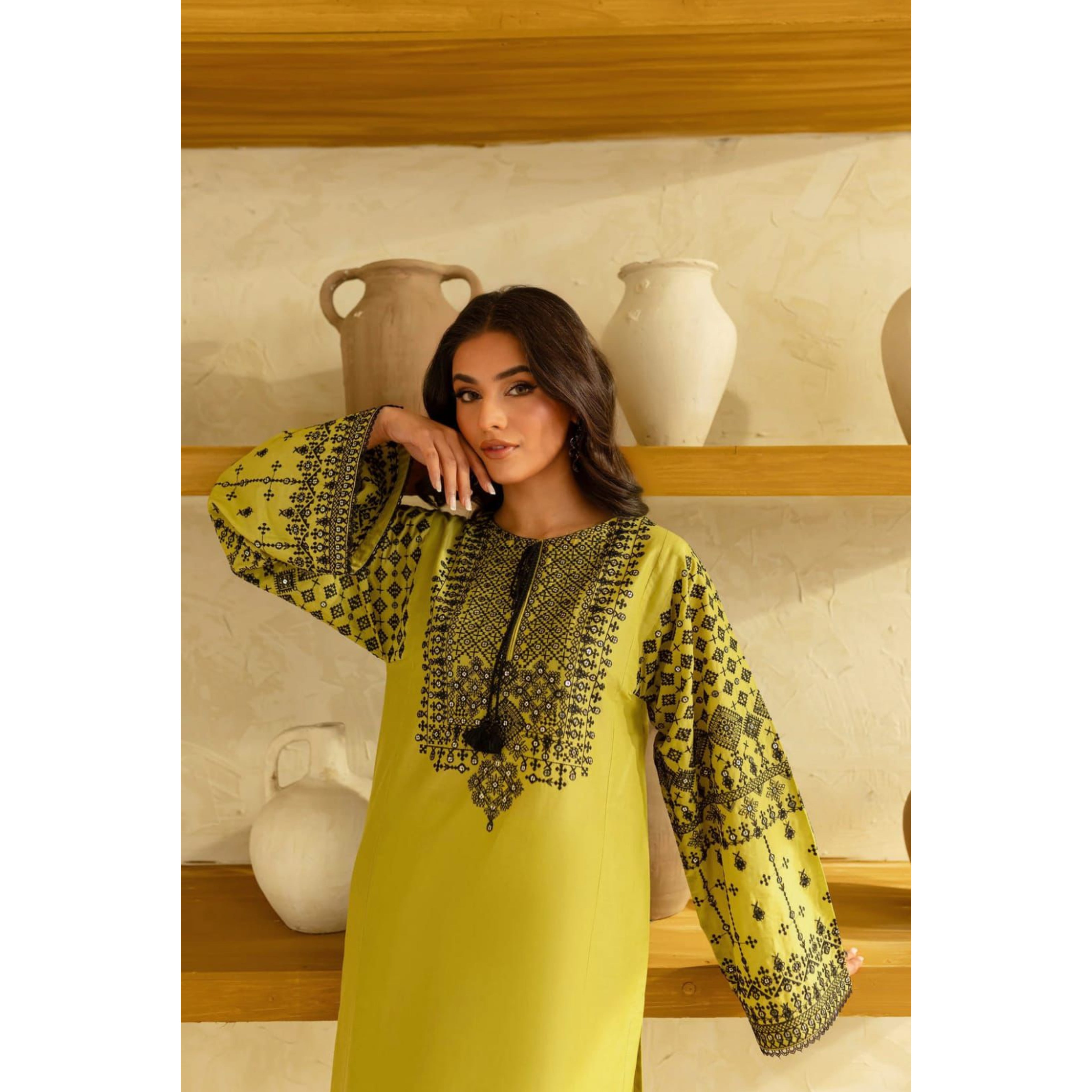 NA-175 : 2 PIECE UN-STITCHED HEAVY EMBROIDERED PREMIUM DHANAK DRESS.