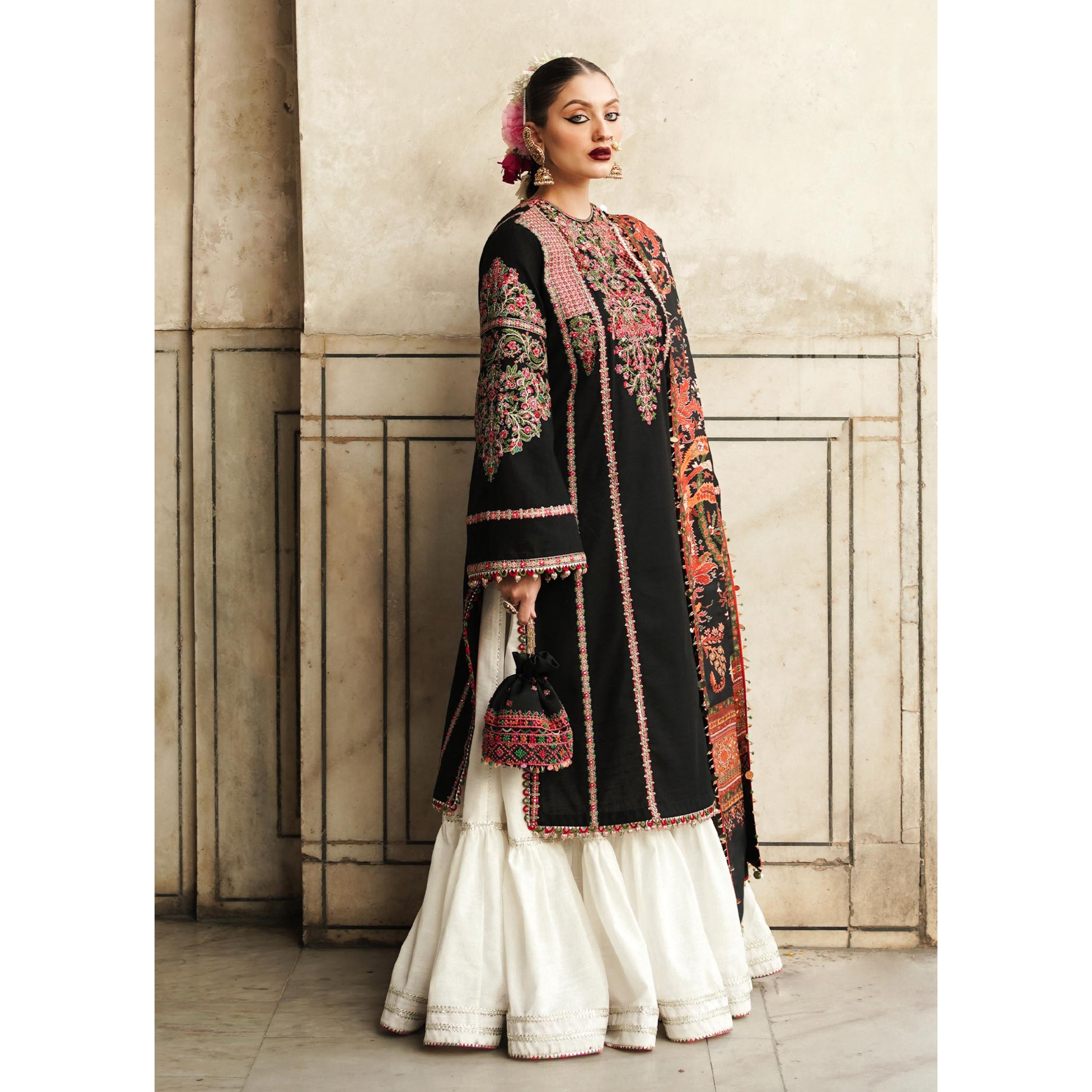 NA-234 : 3 PIECE UN-STITCHED HEAVY EMBROIDERED PREMIUM DHANAK DRESS.