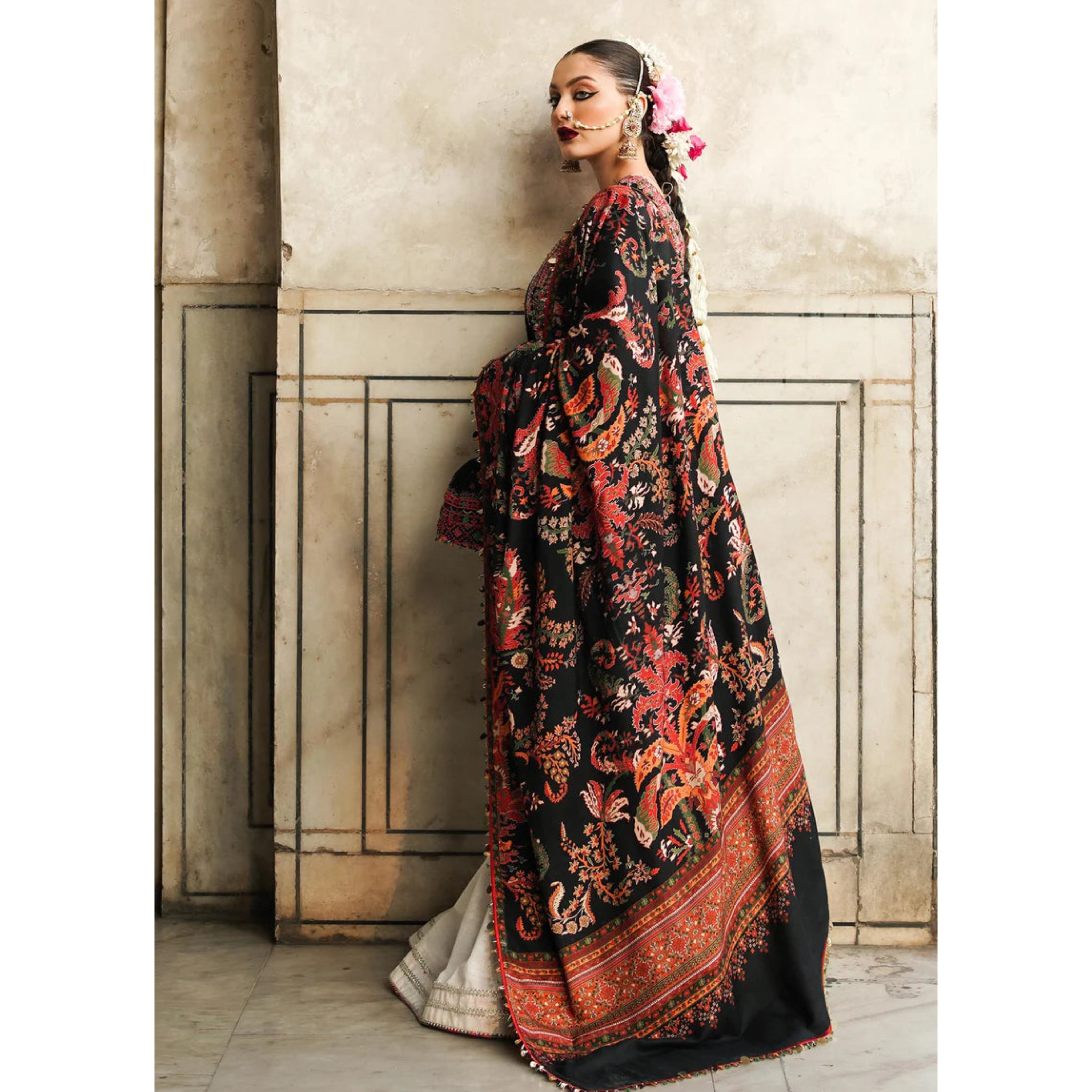 NA-234 : 3 PIECE UN-STITCHED HEAVY EMBROIDERED PREMIUM DHANAK DRESS.